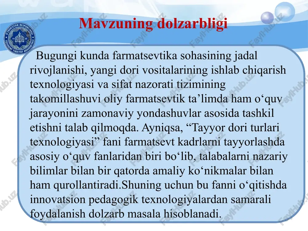 sh va baholash mumkin. balli sistema yordamida baholash esa o‘quv jarayonini yanada aniqroq va motivatsion qiladi. 19 tavsiyalar ta'lim jarayonini samarali tashkil va unda zamonaviy pedagogik texnologiya usulida foydalanish. fan bo'yicha barcha mavzularni o'tishda ushbu tizimdan samarali foydalanish. talabalarni fanni o'zlashtirishi, mustaqil tayyorgarlikda ushbu tizimlardan samarali foydalanish. e'tiboringiz uchun rahmat! image3.jpeg image4.png image5.jpeg image6.jpg image7.png image8.png image9.png image10.png image11.png image12.png image13.png image14.png image15.emf image16.emf image17.png image18.png image19.png image20.png image21.png image1.png image2.jpeg olindi bajarildi hosil bo‘ldi natriy xlorid tayyor mahsulot natriy xlorid tabletkasini texnologik jarayon tasviri /docprops/thumbnail.jpeg