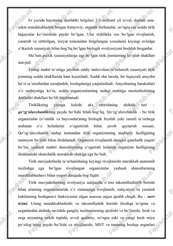 h va orqa miyaning tarkib topishi, avval qadimiy, so‘ngra eski va yangi bosh miya po‘stlog‘ining paydo bo‘lishi va rivojlanishi, mnt va tananing boshqa organlari o‘rtasidagi aloqalarning murakkablashishi) jarayonida xulq-atvor shakllarining rivojlanishi sodir bo‘ldi va hayotiy faoliyatning psixik boshqarish darajalarining qatlamlari: sezgilar, qabul qilish, xotira, tasavvurlar, tafakkur, ong, reflekslar yuzaga keldi. nerv tizimi tuzilishi va funksiyalarining takomillashishi psixikaning rivojlanishi uchun asosiy manba bo‘lib xizmat qildi. shu asnoda, evolyusiya rivojlanishi natijasida hayvonlar organizmlari faqatgina biologik muhim ta’sirotlardan ta’sirlanmasdan, balki, o‘z-o‘zidan indifferent bo‘lgan, biologik jihatdan muhim bo‘lmasada, xabar berish ahamiyatiga ega bo‘lgan ta’sirotlardan ta’sirlana boshladilar. voqelikda muhim hayotiy hodisalar haqida xabar beruvchi biologik indifferent ta’sirotlar aks etsalar, voqelikni aks ettirishning bunday shakli sezgirlik deb ataladi. xuddi mana shu psixikaning o‘zi bo‘ladi. sezgirlik sezgilarga nisbatan umumiy qobiliyatni ifodalaydi. a.n.leont’yevning tasdiqlashiga ko‘ra, hayvonlarda sezgirlikning yuzaga kelishi psixika paydo bo‘lishiningob’yektiv biologik belgisi bo‘lib xizmat qilishi mumkin. keyinchalik tirik mavjudotlarda organik jismning rivojlanish jarayonida asta-sekin psixikaning asosiy …