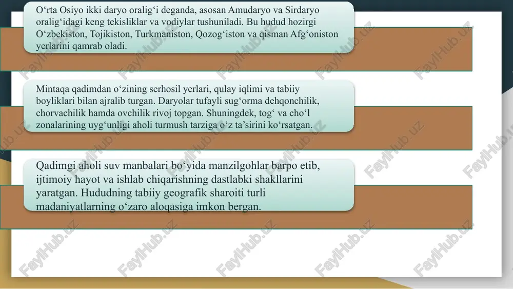 k tadqiqotlar orqali o‘rganilgan. ular asosan europoid va mongoloid tiplarning aralashmasidan iborat bo‘lgan. qadimgi aholi tanasi nisbatan baland bo‘yli, bosh suyaklari uzun yoki oval, yuz qiyofasi esa o‘rtacha kenglikda bo‘lgan. 2 qo‘l va oyoq suyaklari rivojlangan bo‘lib, mehnat faoliyati bilan bog‘liq xususiyatlarni namoyon etgan. shu hududda topilgan qoldiqlar asosida odamlarning oziq-ovqatga bog‘liq adaptatsiyalari ham aniqlangan. 3 masalan, dehqonchilik va chorvachilik bilan shug‘ullangan aholining skelet strukturasida fizik chidamlilik belgisi mavjud. antropologik tadqiqotlar shuni ko‘rsatadiki, qadimgi aholi ijtimoiy va iqtisodiy faoliyatga moslashgan morfologik xususiyatlarga ega bo‘lgan. ikki daryo oralig‘i tarix davomida turli xalqlar va etnik guruhlar o‘rtasida aralashish markazi bo‘lgan. miloddan avvalgi va milodiy davrlarda ba’zi evropoid va shimaliy, janubiy etnik guruhlarning uyg‘unlashuvi kuzatilgan. savdo yo‘llari va migratsiyalar natijasida aholining genetik tarkibi boyigan. bu hududda paydo bo‘lgan etnik guruhlar o‘zaro madaniy va biologik almashinuv orqali yangi turlar va morfologik belgilarni hosil qilgan. qadimgi turkiy va so‘g‘diy xalqlarning birlashuvi keyinchalik zamonaviy o‘zbek xalqining …