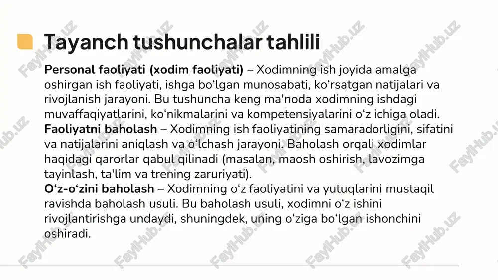 tish qobiliyati. • mehnatsevarligi va ishchanligi. nomzodning amaliy sifatlarini baholashda uning ma’lumoti, ish staji va yoshi albatta hisobga olinishi kerak. ma’lumot - xodimning malaka darajasini aniqlashda asosiy sifat ko’rsatkichlaridan biridir. ish staji - tajribaning miqdor ko‘rsatkichi hisoblanadi. yosh esa ish staji bilan o‘zaro bog‘liqdir. baholashni amalga oshirish tartibi rahbariyat uchun ham, personal uchun ham bir xilda aniq tushunarli bo‘lishi muhimdir. personal faoliyatini baholash ikki yo‘nalish bo‘yicha olib boriladi: 1. mehnat natijalarini hisobga olish (bevosita baholash). 2. xodimning ushbu natijalarga ta’sir ko‘rsatuvchi amaliy va shaxsiy sifatlarini tahlil etish (bilvosita baholash). bevosita baholash rahbar bilan xodimning kelgusida baholash standartlari vazifalarini o‘taydigan aniq maqsadlarni birgalikda aniqlab olishlarini taqozo etadi. bilvosita baholash an’anaviy bo‘lib, xodimning tashabbuskorligi, jamoa bilan til topisha olishi, ishonchliligi, insonlarga munosabati, ya’ni uning shaxsiy sifatlari zimmasiga yuklatilgan vazifalarga naqadar muvofiq kelishini taqqoslashni nazarda tutadi. hozirgi vaqtda bajarilgan ishni kompleks baholash usullari ham mavjud. ularning to‘rt asosiy turi farqlanadi: • xodimlar tavsifnomalarini …