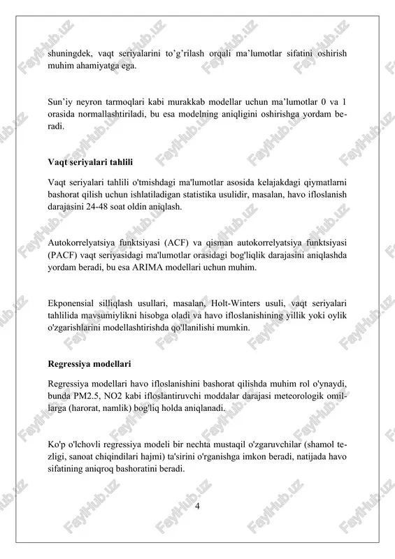 vaqt seriyali tahlilidan, masalan arima, havo ifloslanishining kelajakdagi darajalarini bashorat qilish uchun foydalanadi, o'tmishdagi ma'lumotlar tendentsiyalari va mavsumiylikni tahlil qiladi. neural tarmoqlar va mashina o'rganish algoritmlari havo ifloslanishini bashorat qilish uchun tobora ko'proq qo'llanilmoqda, katta ma'lumotlar to'plamlaridan o'rganish va murakkab naqshlarni aniqlash imkonini beradi. natijalarni tahlil qilish va talqin qilish natijalarni tahlil qilishda, o'zgaruvchilar o'rtasidagi korrelyatsiya koeffitsientlarini (masalan, 0.75) hisoblash va ularning havo ifloslanishiga ta'sirini baholash muhim. talqin qilish jarayonida, rmse (root mean squared error) kabi metrikalar orqali bashoratning aniqligini o'lchash va uni 5% dan past bo'lishiga harakat qilish kerak. statistik ahamiyatlilikni baholash uchun p-qiymatini (p 0.05) ishlatib, modelning natijalari tasodifiy emasligini va ishonchli ekanligini aniqlash zarur. modelni takomillashtirish va optimallashtirish modelni takomillashtirishda 10-kross validatsiya usuli, bias-variance tradeoffni minimallashtirishga yordam beradi, bu esa bashoratning aniqligini oshiradi va overfittingni kamaytiradi. optimizatsiya jarayonida genetik algoritmlardan foydalanish, parametrlarni sozlash orqali rmse (ildiz o'rta kvadrat xato)ni 15%ga kamaytirish imkoniyatini beradi. regularizatsiya texnikalari, masalan l1 …