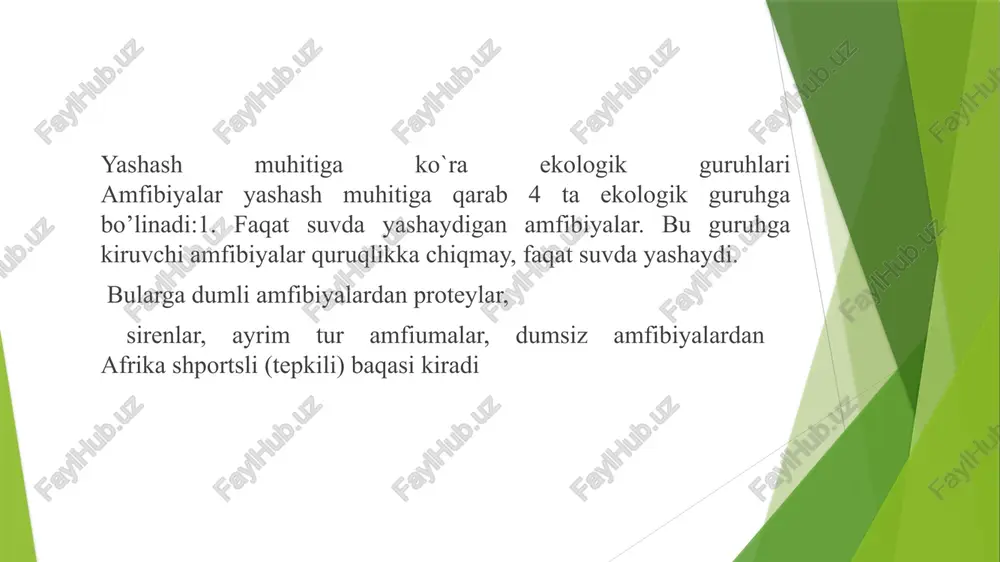 alar ancha kam uchraydi va faqat shimoliy yarim sharda (150 ga yaqin turi) tarqalgan. nihoyat uchinchi turkum oyoqsizlardir bu turkumning turlari juda oz (50 tacha) bo’lib unga faqat tropik chervyagalar kiradi, chervyagalar juda qadimgi kosali (panstirli) amfibiyalarning yerni kovlab hayot kechirishgan. e`tiboringiz uchun raxmat image1.jpeg image2.jpeg image3.jpeg image4.jpeg image5.jpeg