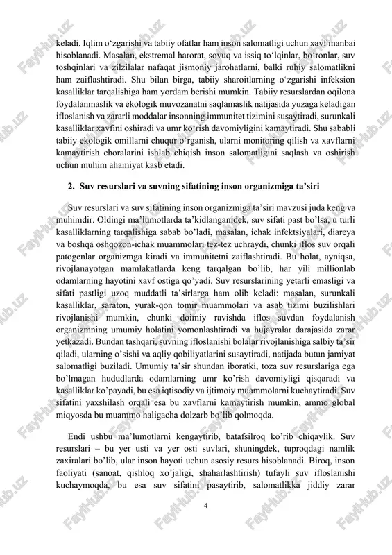 bilan to’ldiradi, natijada suvda patogenlar, og’ir metallar va kimyoviy birikmalar ko’payadi. qisqa muddatli ta’sirlar haqida gapiradigan bo’lsak, iflos suv ichish yoki undan foydalanish oshqozon-ichak kasalliklariga olib keladi. masalan, diareya va suvsizlanish millionlab bolalarning o’limiga sabab bo’ladi, chunki suv orqali e. coli va boshqa bakteriyalar tarqaladi. uzoq muddatli ta’sirlar esa ancha xavfli: suvda arsen, qo’rg’oshin va simob kabi og’ir metallar bo’lsa, ular saraton (teri, o’pka, siydik pufagi), yurak kasalliklari va nevrologik buzilishlarga sabab bo’ladi. masalan, suvda yuqori miqdorda nitratlar bo’lsa, bu qon bosimi oshishi, anemiya va hatto bolalarda “ko’k bola” sindromiga olib keladi. suvning tuzliligi yoki kislotaliligi oshsa, bu o’simliklar va hayvonot dunyosiga zarar yetkazib, inson oziq-ovqat zanjirini buzadi, natijada surunkali kasalliklar kuchayadi. suv resursi turi suv sifati inson organizmiga ta’siri ichimlik suvi (shahar tarmog‘i) tozalangan, mikroorganizmlardan xoli, ba’zi minerallar mavjud suv tananing normal faoliyati uchun zarur, suvsizlanishning oldini oladi, metabolizmni yaxshilaydi quvur osti (quduq, suv havzasi) ba’zida ifloslanishi mumkin, mikroorganizmlar …
