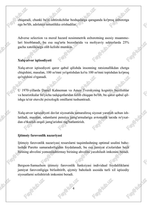 a oladi. pigouning farovonlik iqtisodiyoti nazariyasi davlat xarajatlari orqali bozor nosozliklarini tuzatish va jamiyatning umumiy farovonligini oshirishga qaratilgan intervensiyalarni ta'kidlaydi. pul-kredit siyosati nazariyasi pul-kredit siyosati inflyatsiyani 2-3% maqsadli darajada ushlab turish uchun foiz stavkalari va pul massasini tartibga solish orqali iqtisodiy barqarorlikni ta'minlaydi. markaziy bank majburiy rezerv stavkalarini o'zgartirib, tijorat banklarining kreditlash imkoniyatlarini oshiradi yoki kamaytiradi, bu esa pul taklifiga bevosita ta'sir ko'rsatadi. ochiq bozor operatsiyalari orqali hukumat qimmatli qog'ozlarini sotib olish va sotish, pul massasini nazorat qilish va foiz stavkalarini boshqarishning muhim vositasidir. fiskal siyosat nazariyasi fiskal siyosat nazariyasi davlat xarajatlari va soliqlar orqali yalpi talabni boshqarishga qaratilgan boʻlib, iqtisodiy oʻsishni 2-3 foizga oshirish maqsad qilinadi. keynschilik iqtisodiyotida fiskal siyosat, ayniqsa davlat xarajatlari, retsessiya davrida ishsizlikni 5 foizdan kamaytirish uchun muhim rol o'ynaydi. fiskal multiplikator effekti davlat xarajatlarining 1 milliard so'mga oshishi yalpi ichki mahsulotni undan ham ko'proqqa, masalan, 1,5 milliard so'mga oshirishini ko'rsatadi. xalqaro iqtisodiy siyosat nazariyasi xalqaro …