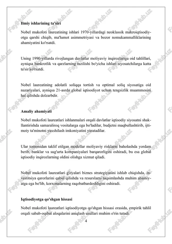 , nash muvozanati tushunchasi. bu nazariyalar amaliyotda keng qo'llaniladi. iqtisodiyotdagi nobel mukofoti, odatda, iqtisodiy o'sish, ijtimoiy farovonlik va barqaror rivojlanishga hissa qo'shgan tadqiqotlar uchun taqdim etiladi. mukofot berishda, laureatning ishlarining uzoq muddatli ta'siri va ularning iqtisodiy siyosatni shakllantirishdagi roli muhim ahamiyatga ega, misol uchun, milton fridman ishlari. kelajak uchun meros "kelajak uchun meros" inson kapitalini rivojlantirish va ta'lim sifatini oshirish orqali iqtisodiy o'sishni ta'minlashga qaratilgan dasturdir. ushbu dasturda yoshlarga zamonaviy kasblarni egallash imkoniyatini berish maqsadida 100 dan ortiq yangi kasbiy ta'lim markazlari tashkil etilishi ko'zda tutilgan. "kelajak uchun meros" 2022-2026 yillarda amalga oshiriladi va uning doirasida 5 milliard aqsh dollaridan ortiq investitsiyalar kiritilishi rejalashtirilgan. xulosalar xulosalar nobel mukofoti sovrindori fikrlarining muhim qismidir, bunda g'oyalar umumiy ma'noda taqdim etiladi va muhim takliflarni birlashtiradi. nobel laureatlari xulosalari ilmiy tadqiqotlar va nazariyalarning yakuniy natijasidir, bu jarayonda muhim masalalar aniqlanadi. xulosalar muallifning nuqtai nazarini jamlaydi, asosiy dalillar va g'oyalarni birlashtiradi, kelajak uchun o'rganish va …