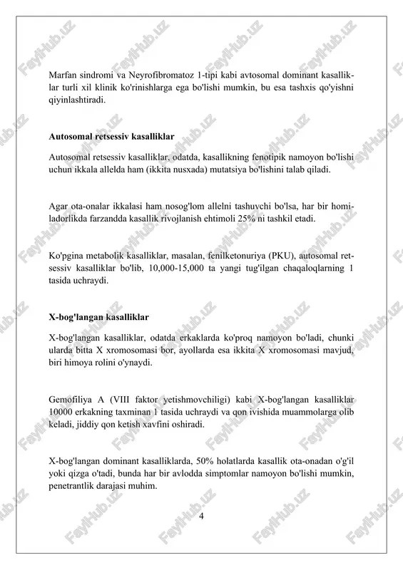 diagnostika down sindromi uchun kombinatsiyalangan skrining (11-13 haftalar) va amniotsentez (15-20 haftalar) kabi invaziv testlar orqali 99% aniqlikka erishishi mumkin. nipt (non-invaziv prenatal test) xavfsizroq, chunki u onaning qonidan dnk tahlilini o'z ichiga oladi, lekin u 1% hollarda noto'g'ri ijobiy natijalarga olib kelishi mumkin. xavflarga homiladorlikning 0,5-1% hollarda spontan abortga olib kelishi mumkin bo'lgan amniotsentez yoki xorion biopsiyasi kabi invaziv protseduralar bilan bog'liq asoratlar kiradi. tibbiy genetik maslahat: maqsadi va jarayoni tibbiy genetik maslahat oilalarga kasallik xavfini baholashga yordam beradi, jumladan, autosomal dominant kasalliklarda 50% xavfni aniqlash imkonini beradi. maslahat jarayoni tashxisni tasdiqlash uchun genetik testlarni o'z ichiga oladi, masalan, fish yoki pcr usullari orqali xromosoma anomaliyalarini aniqlash. maqsad - axborot berish, oilalarga qaror qabul qilishda yordam berish va tug'ilishni rejalashtirishda ko'maklashish, misol uchun, pgd orqali homiladorlikni boshlash. oilaviy anamnezni o'rganish va xavfni baholash oilaviy anamnezni o'rganish kamida uch avlodni qamrab oladi, bu orqali autosomal dominant kasalliklarda 50% xavf aniqlanadi. …