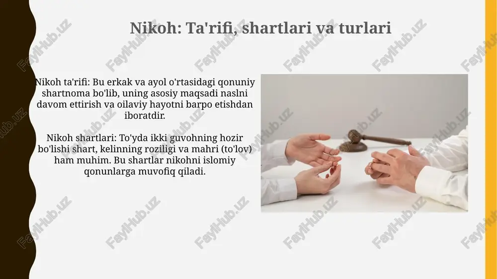 , 3 ta avlodning (ota-ona, farzandlar, nevaralar) tarbiyasi va jamiyatga foydali a'zolarni yetishtirishdir. bu islomda muhim ahamiyatga ega. savol-javoblar va muhokama savol-javoblar davomida, masalan, 3 taloqning qonuniy oqibatlari, jumladan, idda muddati va qayta nikoh masalalari yuzasidan aniqlik kiritilishi muhim. muhokamada ziharning isbotlanishi, ya'ni 4 ta guvohning ko'rsatmasi yoki erning iqrornomasi kabi dalillar asosida bo'lishi shartligi tushuntiriladi. e'tiboringiz uchun rahmat image1.png image2.jpg image3.jpg image4.jpg image5.jpg image6.jpg image7.jpg image8.jpg image9.jpg image10.jpg image11.jpg image12.jpg image13.jpg image14.jpg image15.jpg image16.jpg image17.jpg image18.jpg