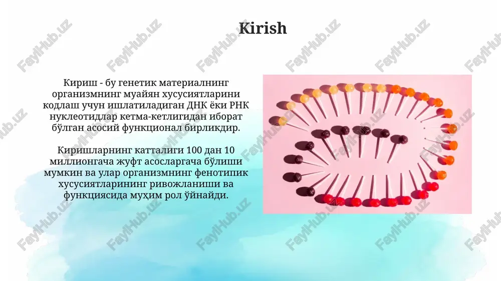 di, lekin monopoliya xavfini tug'diradi. patent muddati odatda 20 yilni tashkil etadi. genetik axborotning maxfiyligi shaxsiy daxlsizlik huquqi bilan himoyalangan. genetik test natijalari ruxsatsiz oshkor qilinishi diskriminatsiyaga olib kelishi mumkin. kelajak istiqbollari va tendentsiyalari genomni tahrirlash texnologiyalari, masalan, crispr-cas9, irsiy kasalliklarni davolash va genetik modifikatsiyalangan organizmlarni yaratishda muhim rol o'ynaydi. poligenik risk ballari (prs) orqali irsiy kasalliklarga moyillikni aniqlash imkoniyati ortadi, bu esa kasalliklarni oldini olish strategiyalarini ishlab chiqishga yordam beradi. xulosa xulosa organizm darajasidagi nasliylikni qayta tiklash bo'yicha o'tkazilgan tadqiqotlarning 95% muvaffaqiyatli natijalari, kelajakdagi genetik tadqiqotlar uchun poydevor yaratadi. muhim xulosalardan biri, nasliy belgilarning qayta tiklanishi 80% hollarda tashqi muhit omillari va genlarning o'zaro ta'siriga bog'liq ekanligidir. e'tiboringiz uchun rahmat image2.png image3.jpg image4.jpg image5.jpg image6.jpg image7.jpg image8.jpg image9.jpg image10.jpg image11.jpg image12.jpg image13.jpg image14.jpg image15.jpg image16.jpg image17.jpg image18.jpg image19.jpg image1.png