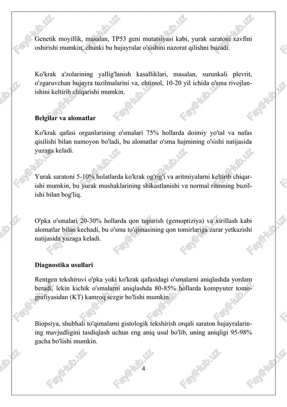 o'qimalarga zarar yetkazishni kamaytiradi va o'simta hujayralarining tuzalishini sekinlashtiradi. 3d konformal radiatsiya terapiyasi (3d-crt) kompyuterlashtirilgan tomografiya (kt) skanerlaridan foydalanib, radiatsiya nurlarini aniq shakldagi o'simtaga yo'naltiradi va shu bilan sog'lom to'qimalarga ta'sirni kamaytiradi. kimyoterapiya kimyoterapiya – bu saraton hujayralarini yo'q qilish yoki o'sishini sekinlashtirish uchun ishlatiladigan dori-darmonlardan foydalanishdir, odatda 3-6 oy davomida davriy ravishda qo'llaniladi. kimyoterapiya davolashning turli xil usullarini o'z ichiga oladi, masalan, og'iz orqali qabul qilinadigan tabletkalar, tomir ichiga yuboriladigan infuziyalar, in'ektsiyalar, ularning dozasini shifokor aniqlaydi. kimyoterapiyaning nojo'ya ta'sirlari har bir bemorda turlicha bo'lishi mumkin, jumladan, ko'ngil aynishi, soch to'kilishi, charchoq va infektsiyaga chidamlilikning pasayishi, bularni davolash mumkin. maqsadli terapiya maqsadli terapiya molekulyar darajada saraton hujayralarining o'ziga xos genlari, oqsillari yoki to'qimalarini nishonga oladi, bu esa o'sishni to'xtatishga yordam beradi. ushbu davolash usuli an'anaviy kimyoterapiyaga qaraganda kamroq nojo'ya ta'sirga ega, chunki u sog'lom hujayralarga kamroq ta'sir qiladi, lekin hammasi emas. maqsadli terapiyaning muvaffaqiyati saratonning genetik xususiyatlariga bog'liq; ba'zi o'smalar …