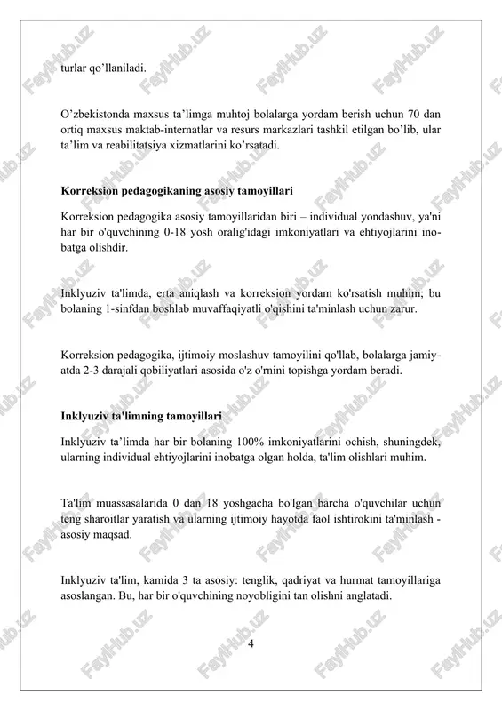ogikasi tamoyillariga asoslangan ta'lim muhiti, har bir o'quvchiga individual yondashuvni ta'minlab, 95% o'quvchilarning motivatsiyasini oshiradi. insonparvarlik ta'lim muhiti o'qituvchilar va o'quvchilar o'rtasida o'zaro hurmat va ishonchni shakllantirib, 80% muvaffaqiyatga olib keladi. individual ta'lim rejalari individual ta'lim rejalari (itr) har bir o'quvchining 1-11 sinflarda individual ehtiyojlarini qondirish uchun mo'ljallangan, qonuniy majburiy hujjatdir. itrda o'quvchining joriy akademik darajasi, yillik o'qish maqsadlari (smart maqsadlar), maxsus ta'lim va qo'shimcha xizmatlar 504-reja bo'yicha ko'rsatiladi. itrni ishlab chiqishda ota-onalar, o'qituvchilar va mutaxassislar ishtirok etadi, ularning hamkorligi o'quvchining 90% muvaffaqiyatini ta'minlash uchun muhim ahamiyatga ega. baholash va monitoring baholash va monitoring o'quv jarayonini yaxshilash uchun doimiy ravishda talabalar bilimini tekshiradi, natijalarni 1-chorak, 2-chorak va yakuniy baholashda aks ettiradi. inkluziv ta'limda baholash moslashuvchan bo'lishi kerak, shuning uchun o'qituvchilar 504-reja yoki iepga muvofiq qo'shimcha vaqt yoki muqobil test formatidan foydalanishlari mumkin. monitoring baholash natijalarini tahlil qilishni o'z ichiga oladi, bu orqali erta aralashuvni ta'minlash va talabalarning 80% muvaffaqiyatini kafolatlaydi. …