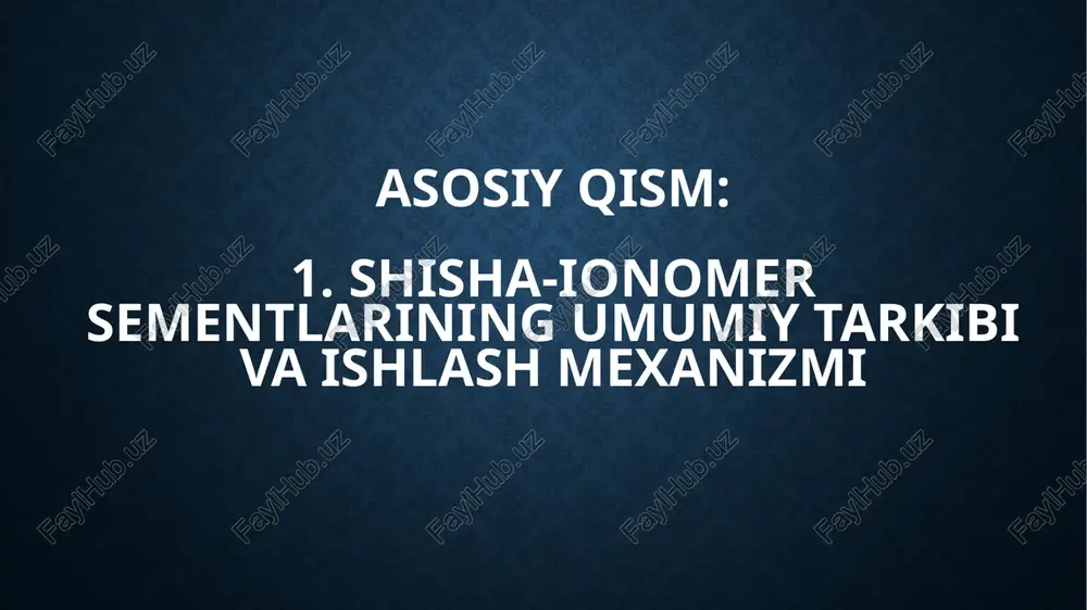 ori biologik mosligi, ftor ionlarini ajratish qobiliyati va tish to‘qimalari bilan kimyoviy bog‘lanish xususiyati bilan ajralib turadi. ular terapevtik, ortopedik va ortodontik amaliyotda keng qo‘llanilib, har bir klinik vaziyatda o‘ziga xos afzalliklarni taqdim etadi. ayniqsa, minimal invaziv davolash usullari va bolalar stomatologiyasida gic materiallar samarali va xavfsiz vosita sifatida ishonchli natijalar bermoqda. zamonaviy modifikatsiyalar, masalan, qatron bilan mustahkamlangan yoki yuqori quvvatli gic lar esa bu materiallarning klinik imkoniyatlarini yanada kengaytirmoqda. shis asosidagi plombalarning to‘g‘ri tanlovi va texnologik talablarga rioya qilinishi orqali stomatologik davolashning sifati va uzoq muddatli natijalari ta'minlanadi. foydalanilgan adabiyotlar: komilov h.p. stomatologik asbob va ashyolar. — toshkent, 2005. — 94 b. unilibrary.uz bahodirova r.n. va boshq. terapevtik stomatologiya. — (darslik, o‘zbek tilida). bsmi book bekjanova o.e., yusupalixodjayeva s.x., shukurova u.a., alimova d.m. klinik restavratsion stomatologiya. — toshkent, 2019. e-library sammu andijon davlat tibbiyot instituti. ortopedik stomatologiya propedevtikasi (o‘quv-uslubiy material). — andijon, 2024. adti andijon davlat tibbiyot instituti. preklinik …
