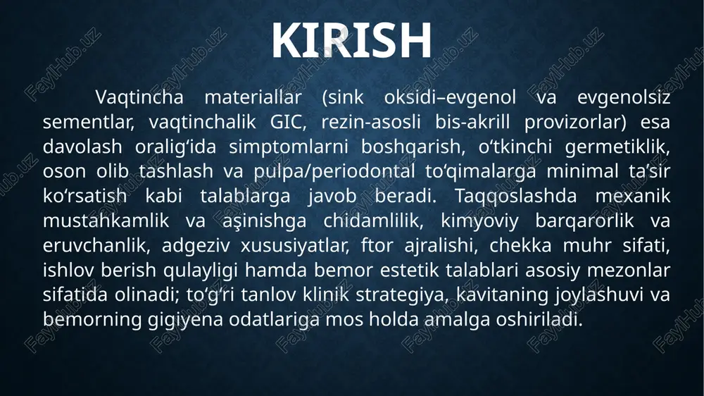bilan keyingi bog‘lanishda evgenolsiz sementlar afzal tanlanadi; doimiy materiallar interfeysida adgeziv tizimlar (mikromexanik hamda kimyoviy bog‘lanish) muhr uzluksizligini ta’minlaydi. kompozitlar fotopolimerizatsiya yoki dual-cure tizimlar orqali qotadi; polimerizatsiya kontraksiyasi chekka kuchlanishni keltirishi mumkin, qatlamlab qo‘yish va optimal yorug‘lik rejimi bu xavfni kamaytiradi. shisha-ionomerlar kislota-asos reaksiyasi bilan qotib, ftor ajratish xususiyati orqali kariyesga qarshi profilaktik ta’sir ko‘rsatadi; rmgi ikki mexanizm (ion almashinuvi va yorug‘likka bog‘liq polimerizatsiya) uyg‘unligini beradi. keramika yuqori rang barqarorligi va yorug‘lik o‘tkazuvchanligi bilan estetik afzallikka ega; kompozitlarda esa plomba zarralari tarkibi va pigmentatsiya barqarorligi muhim. vaqtincha materiallar ichida zoe sedativ ta’sir ko‘rsatadi, ammo estetik va mexanik jihatdan cheklangan; evgenolsiz sementlar va vaqtinchalik gic germetiklik hamda mo‘‘tadil bioaktivlik beradi; bis-akril provizorlar yaxshi estetik ko‘rsatkich va past ekzo-termik reaksiya bilan ajralib turadi. radiopatsiya nuqtai nazaridan doimiy materiallar odatda rentgenda yetarli kontrast ko‘rsatadi; vaqtinchalik sementlarda radiopatsiya ishlab chiqaruvchi formulalariga bog‘liq bo‘lib, klinik nazoratni yengillashtirishi uchun yetarli darajada bo‘lishi maqsadga muvofiq. xulosa doimiy …