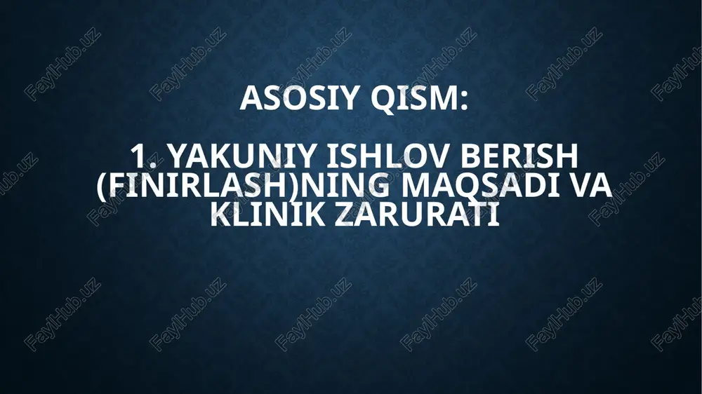 nik natijani beradi. to‘g‘ri tanlangan granulatsiya va past lateral bosim, uzluksiz sovitish hamda bosqichma-bosqich okklyuzion verifikatsiya chekka muhr uzluksizligini, sirt silliqligini va estetik yaltiroqlikni ta’minlaydi; biofilm retensiyasi, pigmentatsiya va mikroinfiltratsiya xavfi kamayadi. izolyatsiya, aspiratsiya va validatsiyalangan gigiyenik protokollar (yuvish–dezinfeksiya–avtoklav) bilan qo‘llab-quvvatlangan finirlash bemor komfortini oshiradi, periodontal ko‘rsatkichlarni yaxshilaydi va restavratsiyaning uzoq muddatli xizmatini ta’minlaydi. foydalanilgan adabiyotlar: komilov h.p. stomatologik asbob va ashyolar. — toshkent, 2005. — 94 b. unilibrary.uz bahodirova r.n. va boshq. terapevtik stomatologiya. — (darslik, o‘zbek tilida). bsmi book bekjanova o.e., yusupalixodjayeva s.x., shukurova u.a., alimova d.m. klinik restavratsion stomatologiya. — toshkent, 2019. e-library sammu andijon davlat tibbiyot instituti. ortopedik stomatologiya propedevtikasi (o‘quv-uslubiy material). — andijon, 2024. adti andijon davlat tibbiyot instituti. preklinik restavratsion stomatologiya (o‘quv-uslubiy qo‘llanma). — andijon, 2024. adti image2.jpeg image3.jpeg image4.png image5.jpeg image6.jpeg image7.jpeg image8.gif image9.jpeg image10.png image11.png /docprops/thumbnail.jpeg