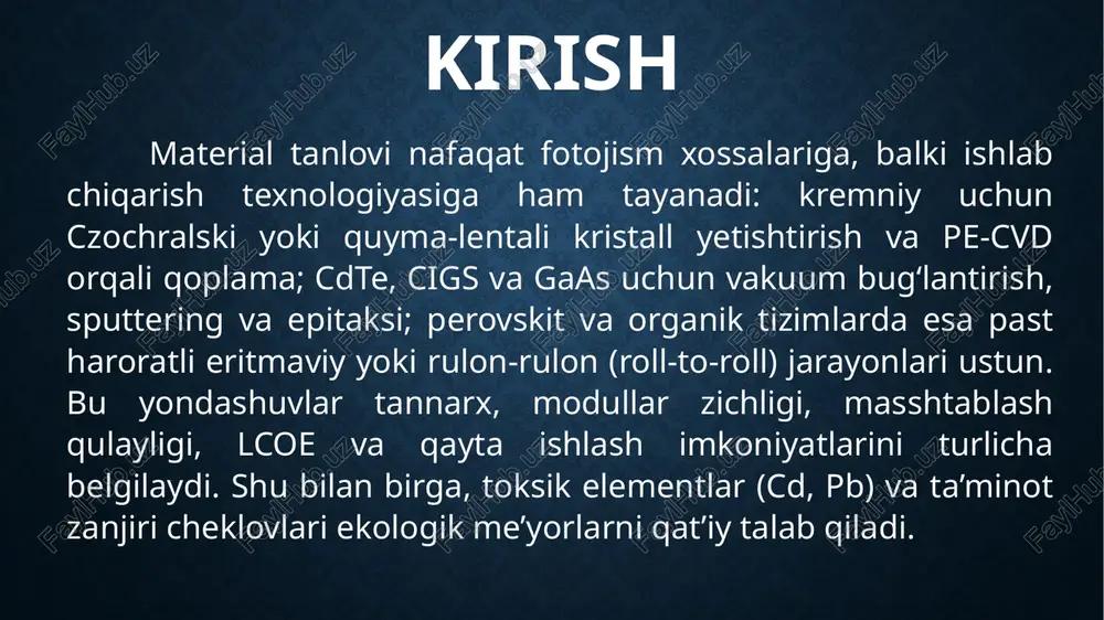 trabinafsha nurlanishiga sezgirlik, shuningdek qo‘rg‘oshin tarkibiga bog‘liq ekologik talablar barqarorlashtirish strategiyalarini zarur qiladi; don-chegara passivatsiyasi, qo‘shimcha qatlamlar va kapsulyatsiya bilan xizmat muddati uzaytiriladi. organik fotovoltaiklarda engil, moslashuvchan va rang tanlovi keng bo‘lsada, tashuvchilar harakatchanligi pastligi va fotokimyoviy degradatsiya cheklov bo‘lib qoladi; donorl–akseptor arxitekturasi va morfologik boshqaruv kvant samaradorligini oshirishga qaratilgan. perovskit–kremniy tandemlari spektrni samarali taqsimlab, yuqori samaradorlik va sanoatlashtirish salohiyatini birlashtiradi; shu bilan birga, uzoq muddatli barqarorlik va toksiklik bo‘yicha standartlashtirilgan sinovlar keng ko‘lamli joriy etishning kalit shartidir. asosiy qism: 2. materiallarning yorug‘likni yutish qobiliyati, energiya konversiyasi samaradorligi va barqarorligi materialning yorug‘likni yutish qobiliyati tarmoqli oralig‘i va yutilish koeffitsienti bilan belgilanadi: to‘g‘ridan-to‘g‘ri bandgapli tizimlar (cdte, gaas, cigs, perovskitlar) mikrometr darajasidagi qalinlikda fotonlarni samarali o‘zlashtiradi, bilvosita bandgapli kremniy esa sezilarli yutish uchun yuzlab mikrometr qalinlik talab qiladi. yuksak kvant samaradorligi uzundan-uzoq diffuziya uzunligi va kam rekombinatsiya markazlariga bog‘liq; sirt va don-chegaralar passivatsiyasi, optik yo‘lni uzaytirish va refleksiyani kamaytirish fototokni oshiradi. ochiq …