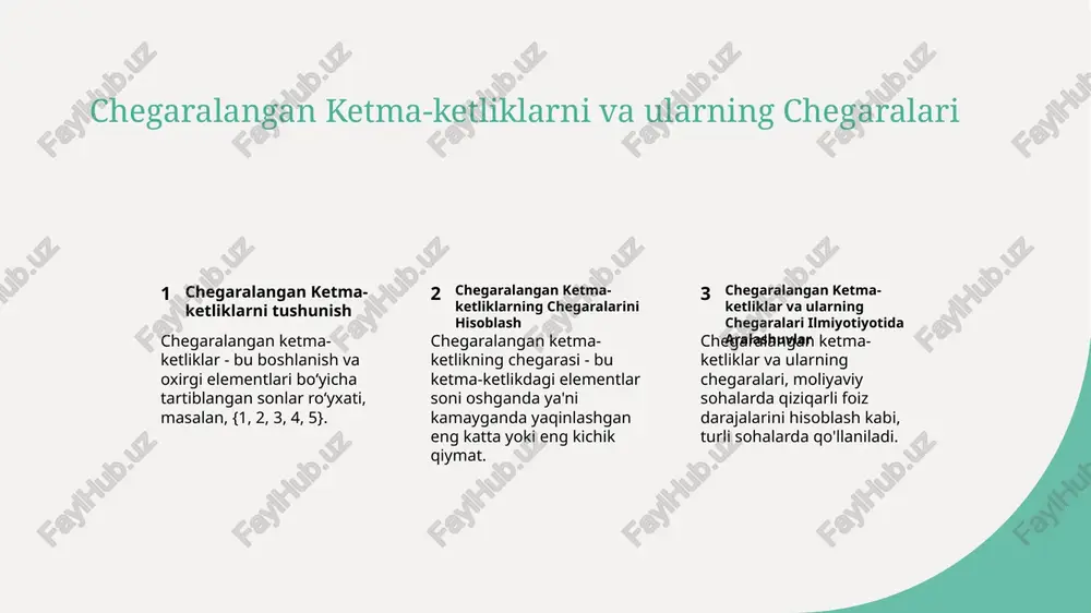 ketlik chegaralanmagan bo'lsa, uni konvergentlikka ega bo'lishi mumkin, va non-decreasing ketma-ketlik maksimumiga, non-increasing ketma-ketlik esa minimumiga konvergentlikka ega bo'lishi mumkin. non-decreasing monotonik ketma-ketlikning misoli {1/n}, bu 0 ga konvergentlikka ega bo'lishi mumkin, non-increasing monotonik ketma-ketlikning misoli esa {n}, bu ham 0 ga konvergentlikka ega bo'lishi mumkin. elementar funksiyalarning ilmiy amaliyoti haqiqiy dunyo ilmiy amaliyoti liney, kvadratik, va eksponenta funksiyalari iqtisodiyot, fizika va injineriyada haqiqiy dunyo javoblari model qilish uchun ishlatiladi. moliyaviy modellash elementar funksiyalar moliyaviy modelni shakllantirishda muhimdir, masalan, eksponenta funksiyalarini ishlatib, murabba foizni va eksponenta o'sishni hisoblashda. ma'lumotlarni tahlil qilish va vizualizatsiya elementar funksiyalar ma'lumotlarni tahlil qilish va vizualizatsiyada ishlatiladi, masalan, liney funksiyalar orqali tendentsiyalarni yaratish va kelajakdagi ma'lumotlarni bashorat qilish uchun. murakkab funksiyalar tuzilishi 1 2 3 murakkab funksiyalarni tushunish murakkab funksiyalarning misoli murakkab funksiyalarning xususiyatlari murakkab funksiyalar bitta funksiyani boshqa funksiyaga qo'llashni o'z ichiga oladi, masalan f(g(x)) ko'rinishida. murakkab funksiyalarni tuzishning bir misoli, h(x) = f(g(x)) ko'rinishidagi, …