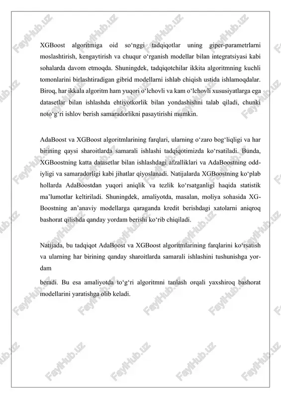 o’g’ri parametrlar bilan ishlash natijalarni kamaytirishi mumkin. adaboost esa, shunchaki oddiy o’qituvchilarni ishlatish bilan bog’liq bo’lgani uchun, dastlabki dasturchilar uchun qulayroq bo’lishi mumkin. farqlarni yanada chuqurroq o’rganish uchun, har bir algoritmning tasnifi va natijalarini taqqoslashda, turli xil tadqiqotlar va ma’lumotlar to’plamlari bo’yicha tajribalar o’tkazilishi mumkin. masalan, bir nechta benchmark tadqiqotlarida, xgboost ko’pincha adaboost dan yuqori aniqlik ko’rsatkichlariga erishgan. bunday taqqoslashlar orqali, qaysi algoritmning qaysi sharoitlarda yanada samarali ekanligini, va qaysi ma’lumotlar to’plamlari uchun qaysi algoritmning eng yaxshi natijalar berishini aniqlash mumkin. natijada, adaboost va xgboost algoritmlarining asosiy farqlari ularning ishlash mexanizmlari, qo’llanilishi, va murakkabligi bilan bog’liq. adaboost oddiy va samarali bo’lishi bilan birga, ba’zan noaniq ma’lumotlar bilan bog’liq muammolarni keltirib chiqarishi mumkin. xgboost esa, tezlik va samaradorlikdagi afzalliklari bilan ajralib turadi, ammo uning parametrlarini to’g’ri sozlashni talab qiladi. shuning uchun, har bir algoritmni loyiha talablariga va ma’lumotlarning xususiyatlariga qarab tanlash muhimdir. ii. xgboost va adaboost: amaliyotdagi foydalanish xgboost va adaboost …