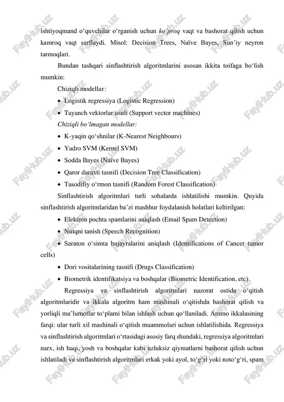 ldi. o test to'plamida ham yaxshi natijalar ko'rsatildi. • qaror chegaralari grafigi chizilib, modelning sinflarni ajratishdagi samaradorligi vizual tarzda ko'rsatildi. 4. baholash: • modelni confusion_matrix va classification_report yordamida baholash amalga oshirildi. • har bir sinf bo'yicha aniqlik, sezgirlik va aniq tasniflash natijalari keltirildi. • xatolik matritsasi va aniqlik ko'rsatkichlari orqali modelning samaradorligi baholandi. 5. chora-tadbirlar: • boshqa sinflashtirish algoritmlari (knn, decision tree, random forest) yordamida ham xuddi shu jarayonni amalga oshirish mumkin. • svm va boshqa algoritmlar yordamida mukammal tasniflash modelini yaratish uchun qo'shimcha optimallashtirish va parametrlarni sozlash talab qilinadi. foydalanilgan adabiyotlat 1. raschka, s., & mirjalili, v. (2017). "python machine learning: machine learning and deep learning with python, scikit-learn, and tensorflow." packt publishing. 2. geron, a. (2019). "hands-on machine learning with scikit-learn, keras, and tensorflow: concepts, tools, and techniques to build intelligent systems." o'reilly media. 3. bishop, c. m. (2006). "pattern recognition and machine learning." springer. colabdagi havolasi: https://colab.research.google.com/drive/1zdt3tmfkbjvvhfr3di9iumbbdllxabsp?usp=sharing …