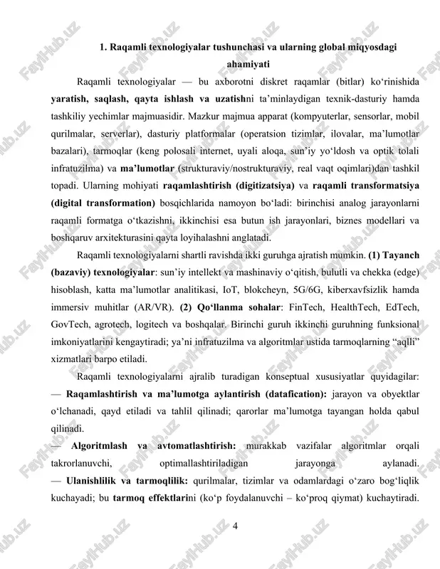 arayonga aylanadi. — ulanishlilik va tarmoqlilik: qurilmalar, tizimlar va odamlardagi o‘zaro bog‘liqlik kuchayadi; bu tarmoq effektlarini (ko‘p foydalanuvchi – ko‘proq qiymat) kuchaytiradi. — modullilik va ko‘lamlanuvchanlik: mikroxizmatlar va apilar orqali tizimlar moslashuvchan bo‘ladi; servislar global ko‘lamda tez kengayadi. — chegaraviy nolga yaqin nusxa ko‘chirish xarajatlari: raqamli mahsulotning yangi nusxasi deyarli xarajatsiz tarqatiladi; bu platforma iqtisodiyotini rag‘batlantiradi. global miqyosdagi ahamiyati bir necha o‘lchamda ko‘rinadi. birinchidan, raqamli texnologiyalar ishlab chiqarish samaradorligini oshiradi: raqamli egizaklar, prediktiv texnik xizmat, aqlli ta’minot zanjirlari resurs isrofini kamaytiradi va sifatlilikni yaxshilaydi. ikkinchidan, ular yangi biznes modellarini yaratadi: platformalar, “xizmat sifatida” (aas) modellari, obuna asosidagi servislar, raqamli bozorlar kichik biznes va startaplarga global auditoriyaga chiqish imkonini beradi. uchinchidan, xalqaro savdo va xizmatlar oqimining tuzilishi o‘zgaradi: masofaviy xizmatlar (dizayn, dasturlash, konsalting), raqamli kontent va bulutli yechimlar transchegaraviy iqtisodiy aloqalarni tezlashtiradi. raqamli texnologiyalar ijtimoiy sohalarni ham chuqur yangilaydi. ta’limda moslashtirilgan o‘qitish, ochiq resurslar va masofaviy platformalar inson kapitalini tezroq yangilashga …