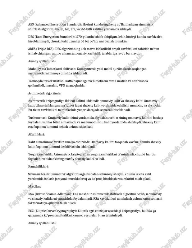 ajmdagi ma'lumotlarni shifrlashda samarali hisoblanadi. tushunchasi: shifrlash va deshifrlash jarayonlarida bir xil kalit ishlatiladi. bu kalit ma'lumotlarni shifrlash va qayta ochish uchun ham foydalaniladi. afzalliklari: tez ishlaydi: simmetrik algoritmlar asosan tezkor ishlashga ega, shuning uchun ular katta hajmdagi ma'lumotlarni tezda shifrlash va deshifrlash imkonini beradi. kichik resurs talab qiladi: bu algoritmlar resurslarni kam iste'mol qiladi, ya'ni kompyuterlar va tarmoq tizimlarida samarali ishlaydi. kamchiliklari: kalitni xavfsiz saqlash muammosi: bir xil kalit ishlatilganligi sababli, kalitni uzatish va saqlashda xavfsizlik muammolari yuzaga kelishi mumkin. agar kalit o‘g‘irlangan bo‘lsa, shifrlangan ma'lumotlarni deshifrlash oson bo‘ladi. misollar: aes (advanced encryption standard): hozirgi kunda eng keng qo‘llaniladigan simmetrik shifrlash algoritmi bo‘lib, 128, 192, va 256 bitli kalitlar yordamida ishlaydi. des (data encryption standard): 1970-yillarda ishlab chiqilgan, lekin hozirgi kunda xavfsiz deb hisoblanmaydi, chunki kalit uzunligi 56 bit bo‘lib, uni buzish mumkin. 3des (triple des): des algoritmning uch marta ishlatilishi orqali xavfsizlikni oshirish uchun ishlab chiqilgan, ammo u …