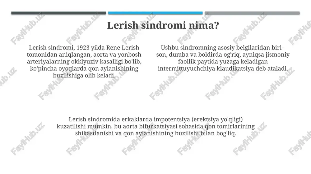 rini namoyon qiladi. prognoz ijobiy prognoz operatsiyadan keyin 5 yil ichida oyoqlarda qon aylanishini yaxshilash va yurak-qon tomir asoratlarining 15% dan kam bo'lishi bilan bog'liq. "prognoz" - kasallikning ehtimoliy kechishi va oqibatlarini oldindan aytish uchun ishlatiladi, masalan, lerish sindromida qon tomirlarini rekonsturksiya qilishdan keyingi natijalar. prognoz lerish sindromi holatida bemorning yoshi, yondosh kasalliklar (masalan, diabet 2-tipi), va arterial qon tomirlarining zararlanish darajasiga asoslanib belgilanadi. profilaktika profilaktika yurak-qon tomir xavfini kamaytirishga qaratilgan bo'lib, xavf omillarini nazorat qilish orqali tromblarning shakllanish ehtimolini kamaytirishni o'z ichiga oladi. profilaktika qon bosimini 130/80 mm simob ustunidan pastroq darajada ushlab turishni, lipidlarni maqsadli darajalarga yetkazishni va qonda qand miqdorini nazorat qilishni talab qiladi. tamakiga bog'liqlikni davolash va muntazam jismoniy faollik, haftasiga kamida 150 daqiqa o'rtacha intensivlikdagi mashqlar yoki 75 daqiqa yuqori intensivlikdagi mashqlar bilan shug'ullanish profilaktika choralarining muhim qismidir. klinik holat misoli klinik holatda, 55 yoshli erkak dumba sohasida og'riq, chov sohasida pulsning yo'qligi va 6 …