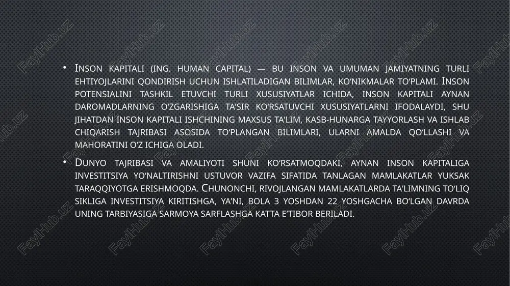 imtiyozli kreditlar ajratildi. prezident tashabbusiga koʻra, yurtimizda 2022-yilga “ilm, maʼrifat va raqamli iqtisodiyotni rivojlantirish yili” deb eʼlon qilinganligi ham yurtimizda ilmiy salohiyat va taʼlim — tarbiyani taraqqiyotning poydevori sifatida qaralayotganligidan dalolat beradi. jamiyat, davlat tomonidan aholining barcha qatlamlariga va toifalariga ayni miqdor va shakllardagi inson kapitali investitsiyasi sarflanishiga qaramay, inson kapitalining quyidagi turlari shakllanadi va hukm suradi: ijobiy (faol) inson kapitali; salbiy (nofaol) inson kapitali; manfiy inson kapitali. ijobiy (aktiv) inson kapitali – o‘zi uchun sarflangan investitsiyani to‘la o‘zlashtirgan va uni jamiyatning rivojla-nishi va takomillashuvi shaklida ro‘yobga chiqargan kreativ (yara-tuvchi) va innovatsion kapitaldir. bu yaratuvchanlik va tako-milla¬shuv, jumladan, aholining turmush darajasining oshishi, innovatsion salohiyatning yuksalishi, ta’lim tizimi¬ning rivoji, ilm-fanning taraqqiyoti, axborot almashinuvi va ta’minoti erkinligi, aholi salomatligining yaxshilanishi kabi¬larda namoyon bo‘ladi. chunki, inson kapitalining parametrlari va sifati aholi / shaxsning mentaliteti, ta’lim darajasi, hayotiy tasavvurlari va sog‘liqni saqlash sohasidagi ahvol kabi¬lar bilan o‘lchanadi. aytish lozimki, ilm-fan, ta’lim va sog‘liqni saqlashga …