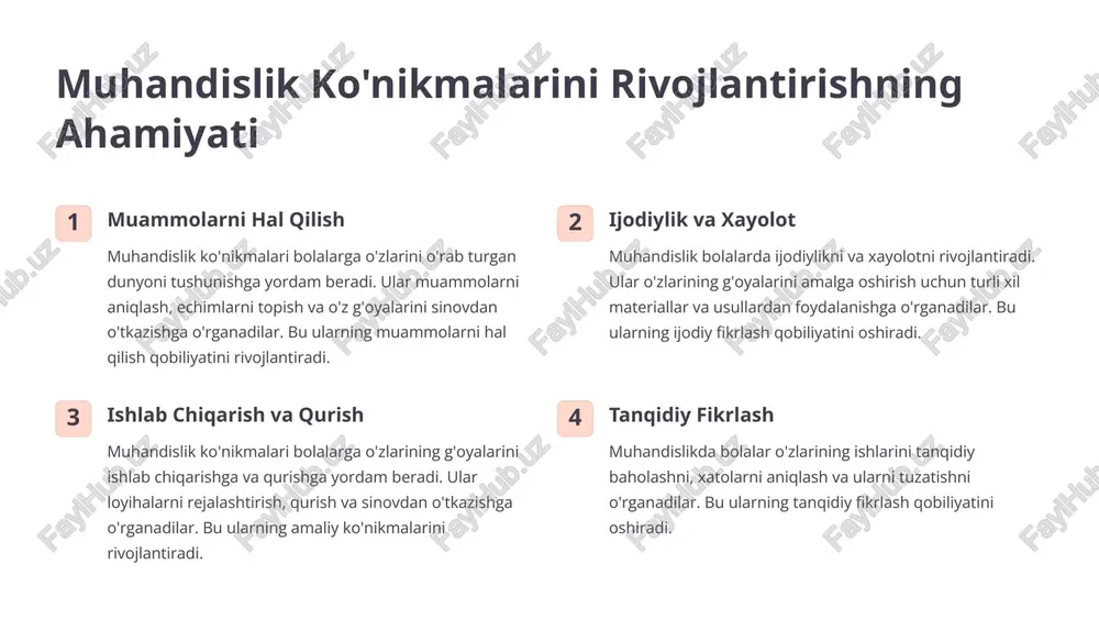 oliyatini o'tkazish uchun zarur jihozlar, materiallar va vositalar mavjud bo'lishi kerak. bu jihozlar bolalar uchun xavfsiz bo'lishi va turli xil steam faoliyatlarini o'tkazish imkonini berishi kerak. xodimlar va ixtisoslashgan o'qituvchilar steam faoliyatini samarali amalga oshirish uchun bolalarga ushbu sohada tajribaga ega bo'lgan o'qituvchilar kerak. o'qituvchilar bolalarning qiziqishini uyg'otishlari va ularni steam bilan bog'liq tadqiqotlar va loyihalarga jalb qilishlari kerak. xavfsiz va rag'batlantiruvchi muhit bolalarga steam faoliyatini o'tkazish uchun qulay va xavfsiz muhit zarur. bu muhit ularning ijodkorligini rivojlantirish va steam sohasiga qiziqishini oshirishga yordam beradi. 8 steam muhandislik ko'nikmalarini ta'lim muassasalarida joriy etish steam muhandislik ko'nikmalarini maktabgacha ta'lim muassasalarida o'qitishning samaradorligi uchun muhim shart-sharoitlar va resurslar mavjud bo'lishi kerak. maktabgacha ta'lim muassasalarida steam muhandislik ko'nikmalarini rivojlantirish uchun zarur shart-sharoitlarni yaratish, ya'ni o'quvchilar uchun qulay va rag'batlantiruvchi muhitni ta'minlash, o'qituvchilarni steam ta'limi va texnologiya bilan tanishtirish va ularni o'qitish kerak. 1 resurslarni taqdim etish o'quvchilar uchun steam bilan bog'liq o'quv materiallari, …