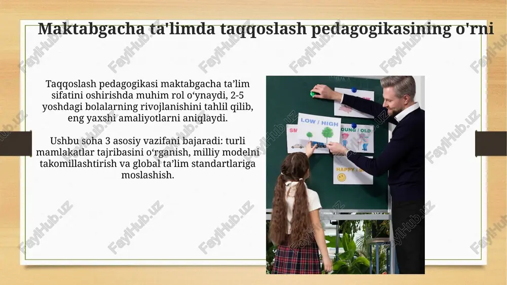 etodik materiallarni joriy etish bo'yicha loyihalar amalga oshirilmoqda. o'zbekistonda maktabgacha ta'limni rivojlantirishda xorijiy tajribani qo'llash imkoniyatlari o'zbekistonda janubiy koreyaning inklyuziv ta'lim modeli tajribasini qo'llash, bolalarning individual ehtiyojlarini hisobga olgan holda rivojlanish imkoniyatlarini kengaytiradi. finlyandiyaning maktabgacha ta'lim tizimidagi o'yin orqali ta'lim metodikasini joriy etish, bolalarning kreativligini va mustaqil fikrlash qobiliyatini oshirishga yordam beradi. taqqoslash pedagogikasining dolzarb muammolari ta’lim standartlari 2.0 va o’quv dasturlarini erta yoshdagi bolalar rivojlanishining 3 asosiy jihatiga moslashtirishda qiyinchiliklar kuzatilmoqda. inklyuziv ta’limning erta bosqichida 4 ta asosiy o’qitish usullarini joriy etishning metodik va amaliy muammolari dolzarbligicha qolmoqda. taqqoslash pedagogikasi tadqiqotlarining istiqbollari 2030-yilgacha bo'lgan davrda taqqoslash pedagogikasi tadqiqotlari inklyuziv ta'lim tajribalarini o'rganish va erta rivojlanish dasturlarini optimallashtirishga qaratiladi. kelajakda taqqoslash tadqiqotlari bolalarning ko'p tillilik va madaniyatlararo kompetensiyalarini rivojlantirishga yo'naltiriladi, bu esa global fuqarolikni shakllantirish uchun muhimdir. e'tiboringiz uchun rahmat image7.jpg image8.jpg image9.jpg image10.jpg image11.jpg image12.jpg image13.jpg image14.jpg image15.jpg image16.jpg image17.jpg image18.jpg image19.jpg image20.jpg image21.jpg image22.jpg image23.jpg image3.png image4.png