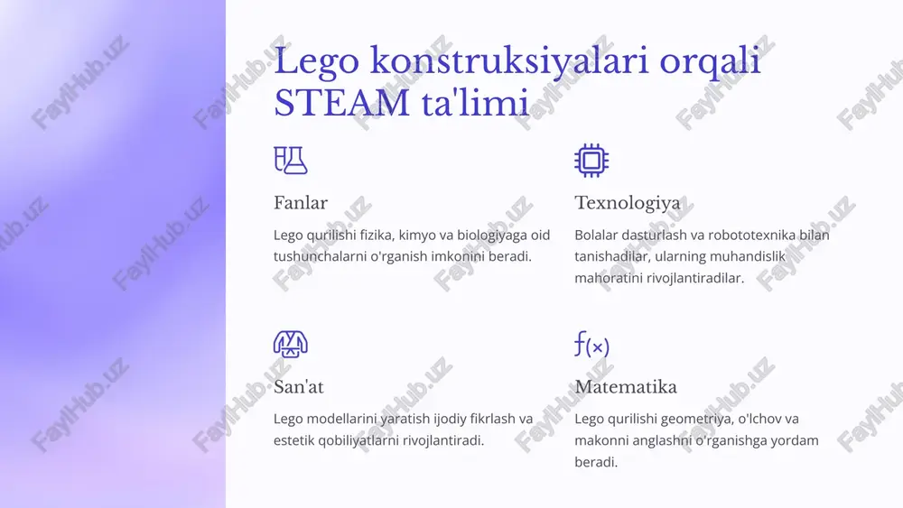 larning lego loyihalari orqali ularning muhandislik qobiliyatlarini, muammolarni hal qilish ko'nikmalarini va ijodkorligini baholash mumkin. bilimlarni tekshirish lego yordamida o'quvchilarning nazariy bilimlarini amaliy jihatdan qo'llash qobiliyatini tekshirish mumkin. o'quvchilarni baholash loyiha vazifalarini bajarish, muammolarni hal qilish jarayoni va jamoaviy ishlash qobiliyatlarini baholash mumkin. 12 lego yordamida o'quvchilarni rag'batlantirish va raqobatbardosh ruh yaratish o'quvchilarni rag'batlantirish lego bilan qiziqarli va qiyin vazifalar yaratish o'quvchilarning qiziqishini oshiradi. ularning muvaffaqiyatlarini rag'batlantiring. raqobatbardosh ruh o'quvchilarni guruhga bo'lib, lego loyihalarini amalga oshirishga undang. bu jamoaviy ish va raqobatbardosh ruhni rivojlantirishga yordam beradi. 13 lego bilan o'quvchilarning ijtimoiy va kommunikativ ko'nikmalarini rivojlantirish hamkorlik va muloqot lego bilan o'ynashda o'quvchilar birgalikda ishlashni, g'oyalarni almashishni va bir-birlarini tinglashni o'rganadilar. muammoli vaziyatlar loyihalarni birgalikda rejalashtirish va amalga oshirish jarayonida muloqot qilish, muammolarni hal qilish va qarorlar qabul qilish ko'nikmalari rivojlanadi. taqdimot ko'nikmalari lego bilan qurilgan loyihalarni taqdimot qilishda o'quvchilar o'z fikrlarini aniq va tushunarli tarzda ifodalashni o'rganadilar. 14 e-engeneering va …