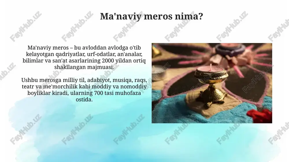 qaratilgan 5 ta ustuvor yo'nalishni o'z ichiga oladi. ushbu dasturda 700 dan ortiq tarixiy obidalarni restavratsiya qilish, 20 dan ziyod yangi muzeylar tashkil etish hamda 1000 ta ma'naviy-ma'rifiy tadbirlarni o'tkazish nazarda tutilgan. xulosa "xulosa" - bu tasavvufiy urf-odatlarda ma'naviy merosni mustahkamlashga qaratilgan 12 ta asosiy tamoyilni o'z ichiga olgan mashhur risoladir. xulosa asosan 15-16 asrlarda yaratilgan bo'lib, unda 7 xil ma'naviy bosqichlar va 3 ta asosiy axloqiy me'yorlar ko'rsatilgan. e'tiboringiz uchun rahmat image2.png image3.jpg image4.jpg image5.jpg image6.jpg image7.jpg image8.jpg image9.jpg image10.jpg image11.jpg image12.jpg image13.jpg image14.jpg image15.jpg image16.jpg image17.jpg image18.jpg image19.jpg image1.png