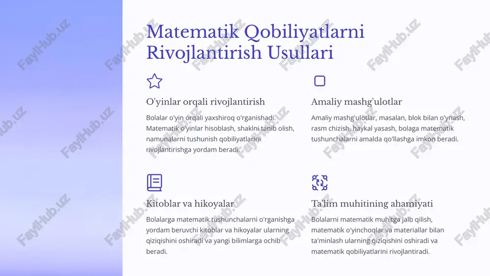 olalarda matematik qobiliyatlarni rivojlantirish uchun ularga kundalik hayotdagi misollardan foydalanish kerak. masalan, nonni bo'lish, qoshiqni sanash, mevani guruhlash kabi vazifalar matematik tushunchalarni o'rganishga yordam beradi. amaliy mashg'ulotlar bolalar matematik bilimlarini amalda qo'llashga imkon beruvchi amaliy mashg'ulotlar o'tkazish kerak. masalan, bolalarni kubiklar yordamida geometrik shakllar yasashga, raqamlarni chizishga, o'lchamlarni solishtirishga o'rgatish mumkin. 8 maktabgacha ta'lim muassasalarida matematik fanlarni o'qitishda zamonaviy yondashuvlar o'yin orqali o'rganish bolalar o'yin orqali o'rganishga moyil. matematik tushunchalarni o'rgatishda o'yinlar, qo'shiqlar, ertaklar va boshqa o'quv usullarini qo'llash bolaga matematika bilan tanishishni qiziqarli va samarali qiladi. amaliy mashg'ulotlar bolalarga matematikaning hayotiy jihatlarini ko'rsatish muhimdir. amaliy mashg'ulotlar, masalan, o'yinchoqlarni sanash, geometrik shakllarni o'rganish, o'lchovlarni amalga oshirish kabi faoliyatlar ularga matematikaning amaliy qiymatini tushunishga yordam beradi. individual yondashuv har bir bola o'ziga xosdir va turli xil o'rganish usullariga ega. ta'lim jarayonida individual yondashuvni qo'llash, bolaning qobiliyatlari va ehtiyojlarini hisobga olish, ularning matematik rivojlanishiga ijobiy ta'sir ko'rsatadi. 9 matematik ta'limda ota-ona va …