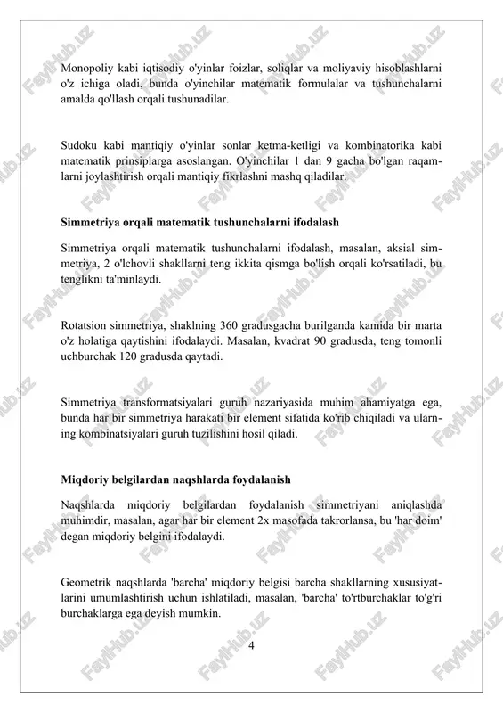 lar uchun strategiyalar murakkab tushunchalarni soddalashtirish uchun, misol uchun, 'eyler aylanalari' kabi vizual vositalardan foydalanib, mantiqiy aloqalarni 1 va 0 bilan ifodalash mumkin. matematik o'yinlar, masalan, 'nim', optimal strategiyani topish orqali kombinatorika va raqamlar nazariyasini tushunish uchun 2-o'lchamli yechim beradi. simmetriya g'oyalari, guruhlar nazariyasida, shakllarni 180 gradusga aylantirish orqali invariantlikni ko'rsatib, murakkab algebraik tuzilmalarni tushuntiradi. talabalarni jalb qilish usullari talabalarni faol jalb qilish uchun 7/24 onlayn forumlar tashkil eting, bunda ular darsdan tashqari savollarni muhokama qilib, 90% javob berish tezligini ta'minlang. o'quv materiallarini 3d modellar, interaktiv simulyatsiyalar va 5 ta turli o'yin elementlari bilan boyiting, bu esa tushunishni 40% ga oshiradi. talabalarni baholashning yangi usuli sifatida 6 kishilik guruhlarda, 10 hafta davomida tadqiqot loyihalarini tayyorlashga jalb qiling. baholash usullari baholash usullarida me'yoriy-kriteriyali baholash, talabalarning natijalarini oldindan belgilangan me'yorlar va standartlarga muvofiq aniqlash uchun 100 ballik tizimdan foydalanadi. summativ baholash usuli, o'quv davri oxirida o'quvchilarning 5-7 ta asosiy mavzular bo'yicha erishgan …