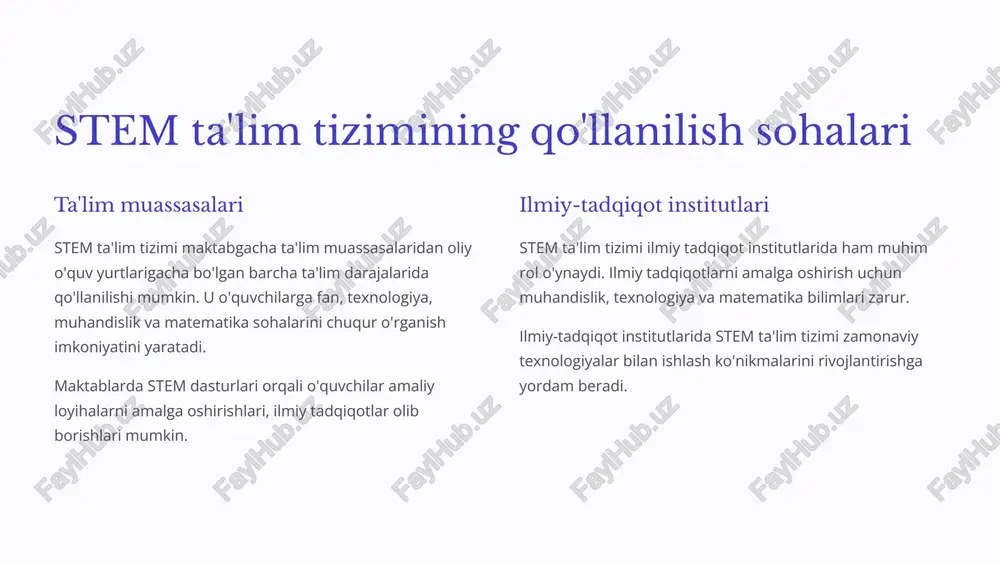 rishni o'rganadilar. 8 steam ta'lim tizimining qo'llanilish sohalari ta'lim tizimida steam ta'lim tizimi maktablarda, kollejlar va universitetlarda keng qo'llaniladi. u matematika, fan, texnologiya, san'at va muhandislikni birlashtiradi. steam ta'limi talabalarga muammolarni hal qilish uchun ijodiy yondashuvlarni ishlab chiqishga yordam beradi. kasbiy ta'limda steam ta'lim tizimi sanoat va texnologiya sohalarida mutaxassislarni tayyorlashda qo'llaniladi. u talabalarga texnologik innovatsiyalarni rivojlantirish, dizaynni yaratish va amaliy loyihalarni amalga oshirish uchun zarur bo'lgan ko'nikmalarni beradi. tadqiqot va ishlab chiqarishda steam ta'lim tizimi ilm-fan va texnologiya sohalarida ilmiy tadqiqotlar va yangi texnologiyalarni yaratishda qo'llaniladi. u tadqiqotchilarga muammolarni hal qilish uchun multidissiplinar yondashuvni qo'llashga yordam beradi. ijtimoiy sohada steam ta'lim tizimi ijtimoiy muammolarni hal qilishda ham qo'llaniladi. masalan, atrof-muhitni muhofaza qilish, sog'liqni saqlash, energiya tejash va boshqa muammolarni hal qilishda steam ta'limi muhim rol o'ynaydi. 9 steam ta'lim tizimining afzalliklari yaratilish va innovatsiyani rag'batlantirish steam ta'lim tizimi bolalarda o'ziga xos qobiliyatlar va ijodiy fikrlashni rivojlantirishga yordam beradi. ular …