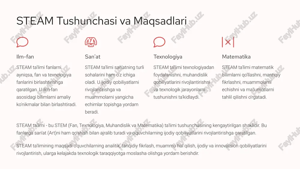 h qobiliyatini talab qiladi. 8 tarbiyachining kreativligi - steam yondashuvi uchun zarur sharti steam ta'limi: kreativlik talab etiladi steam ta'limi bilim va amaliyotni birlashtiradi. bolalarning qiziqishini o'stirish, innovatsion fikrlashni rivojlantirish uchun tarbiyachining kreativligi muhim rol o'ynaydi. tarbiyachilar o'zlarining kreativ ko'nikmalarini qo'llagan holda bolalar uchun qiziqarli va samarali darslarni tashkil qilishlari kerak. steam ta'limining qiziqarli tomoni steam ta'limi bo'shliqlarni qoplashga yordam beradi. tarbiyachilar turli fanlarni birlashtiradigan va bolalarni eng yaxshi tomonlarini o'stirishga yordam beradigan mashg'ulotlar yaratishda kreativlik ko'nikmalarini qo'llaydilar. bu ularga bolalarning individual ehtiyojlarini qondirish va ularning rivojlanishida muvaffaqiyatga erishish imkonini beradi. steam ta'limining muhim ko'nikmasi tarbiyachilar steam ta'limi orqali bolalarning fikrlash, muammolarni hal qilish, o'zlarini ifoda etish va hamkorlik qilish ko'nikmalarini rivojlantirishga yordam beradi. tarbiyachining kreativligi bolalarni yangi g'oyalarni yaratish va o'zlarini ifoda etishga undaydi. 9 tarbiyachining kreativligini rivojlantirish usullari 1 doimiy o'rganish va o'zini takomillashtirish tarbiyachilar yangi texnologiyalarni o'rganib, bilim va ko'nikmalarini takomillashtirishlari kerak. 2 ishonch va mustaqillik o'ziga …