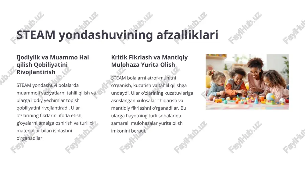 sat bermaslik va har bir tajriba uchun zarur bo'lgan jihozlar va materiallarni oldindan tayyorlash lozim. shuningdek, bolalarning xavfsizlik qoidalarini o'rganishini va ularga tajribalarni o'tkazishda yordam berish kerak. 8 robotexnika va dasturlash mashg'ulotlari 1 1. yosh bolalar uchun mo'ljallangan robotlar maktabgacha yoshdagi bolalar uchun mo'ljallangan sodda va xavfsiz robotlar bilan tanishtirish mumkin. bu robotlarni yig'ish, dasturlash va ular bilan o'ynash orqali bolalar logik fikrlash, muammo echish va ijodiy qobiliyatlarini rivojlantirishadi. 2 2. dasturlash asoslarini o'rganish bolalar uchun maxsus ishlab chiqilgan vizual dasturlash tillari yordamida dasturlash asoslarini o'rganish mumkin. bu tillar bolalarga dasturlar yaratish va ularni boshqarishni osonlashtiradi. shuningdek, ular mantiqiy fikrlash va algoritmik muammolarni echishni rivojlantirishga yordam beradi. 3 3. ijodiy loyihalar robotexnika va dasturlash bo'yicha o'tkaziladigan mashg'ulotlar bolalarda ijodiy loyihalarni ishlab chiqishga bo'lgan qiziqishni uyg'otadi. ular o'zlarining g'oyalarini amalga oshirish va o'z robotlarini yaratish uchun dasturlash va robot texnologiyalarini qo'llashlari mumkin. 9 vizual san'at va tasviriy san'at mashg'ulotlari maktabgacha yoshdagi …