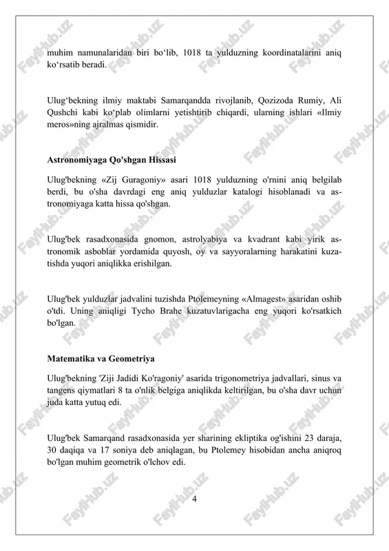etishi ulug‘bekning fojiali o‘limi 1449-yilda uning o‘g‘li abdullatif tomonidan samarqand taxti uchun kurash natijasida sodir bo‘ldi, bu davrning siyosiy beqarorligini ko‘rsatadi. uning asosiy merosi, ayniqsa astronomiya sohasida, “ziji jadidi ko‘ragoniy” kabi asarlar orqali keyingi avlod olimlariga ta’sir ko‘rsatdi, bu 1018 yulduzni o‘z ichiga olgan katalog edi. ulug‘bekning madaniy va ilmiy homiyligi samarqandni xv asrda markaziy osiyoning ilm-fan markaziga aylantirdi, uning madrasasi va rasadxonasi buyuk yodgorlik sifatida saqlanib qoldi. ulug'bekning jahon fani va madaniyatidagi o'rni ulug‘bekning "ziji jadidi ko‘ragoniy" asari 1018 ta yulduzning o‘rnini aniqlab, ptolemey katalogidan sezilarli darajada aniqroq bo‘lgan va astronomiyada muhim hissa qo‘shgan. uning samarqanddagi rasadxonasi xv asrning eng yirik va eng yaxshi jihozlangan ilmiy markazlaridan biri bo‘lib, u yerda ko‘plab olimlar astronomiya va matematika bo‘yicha tadqiqotlar olib borishgan. ulug‘bekning ilmiy merosi, ayniqsa uning trigonometriya jadvali, keyingi avlod olimlariga ta’sir ko‘rsatdi va renessans davridagi yevropa astronomiyasining rivojlanishiga hissa qo‘shdi. xulosa xulosa ulug'bekning astronomiya jadvallari, 'ziji jadidi guragoniy', uning …