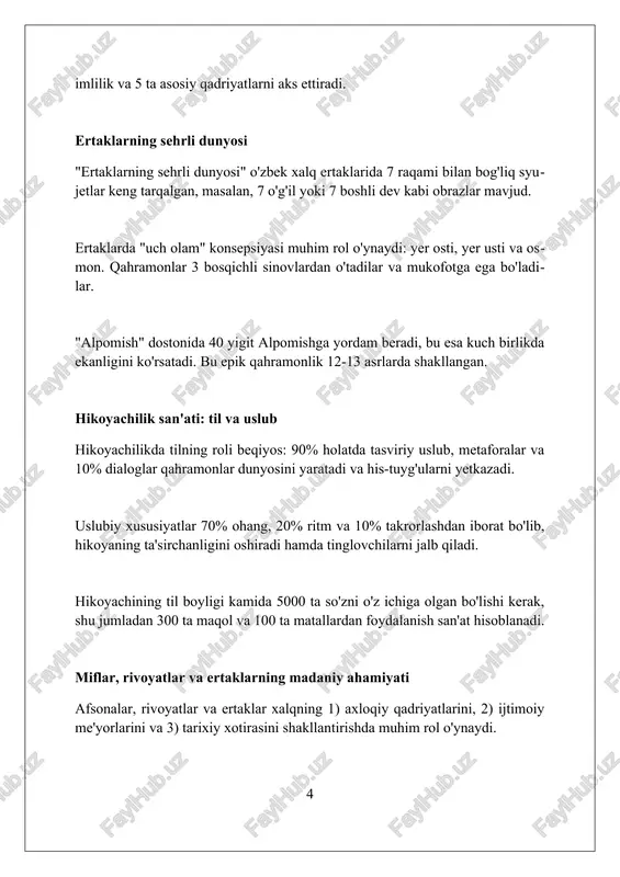 elementlarini vizual effektlar yordamida jonlantiradilar, bu esa tomoshabinlarni 21-asr texnologiyalari orqali o'tmishga sayohatga chorlaydi. miflar va rivoyatlarning psixologik ahamiyati miflar va rivoyatlar, karl yung ta'limotiga ko'ra, "kolektiv ongsizlik"dagi arxetiplarni aks ettiradi, shaxsiyat rivojlanishiga ta'sir etuvchi universal ramzlarni 9 ta asosiy toifaga bo'ladi. erix fromm miflar va rivoyatlarni ijtimoiy tuzilmalar va qadriyatlarni mustahkamlovchi vosita sifatida ko'radi, ayniqsa 5 ta asosiy ehtiyojni qondirishda muhim rol o'ynaydi. psixoanalitik nuqtai nazardan, miflar va rivoyatlar ong osti istaklari va qo'rquvlarini ifodalaydi, 7 ta himoya mexanizmining namoyon bo'lishiga yordam beradi, tushkunlikni kamaytiradi. badiiy adabiyotda mifologik unsurlardan foydalanish mifologik unsurlar badiiy matnlarni boyitadi, masalan, 12 burj va 7 sayyora orqali obrazlarga ramziy ma'no berib, asar poetikasini kuchaytiradi. “alpomish” dostonida 40 kunlik to‘y va 7 yillik g‘oyiblik kabi mifologik motivlar vaqt va makon tushunchalarini o‘zgartirib, epik qamrovni kengaytiradi. miflar badiiy asarda 3 asosiy vazifani bajaradi: voqealarni tushuntirish, qahramonlarga xarakter berish va matnning g‘oyaviy-badiiy yukini oshirish. mif, rivoyat va …