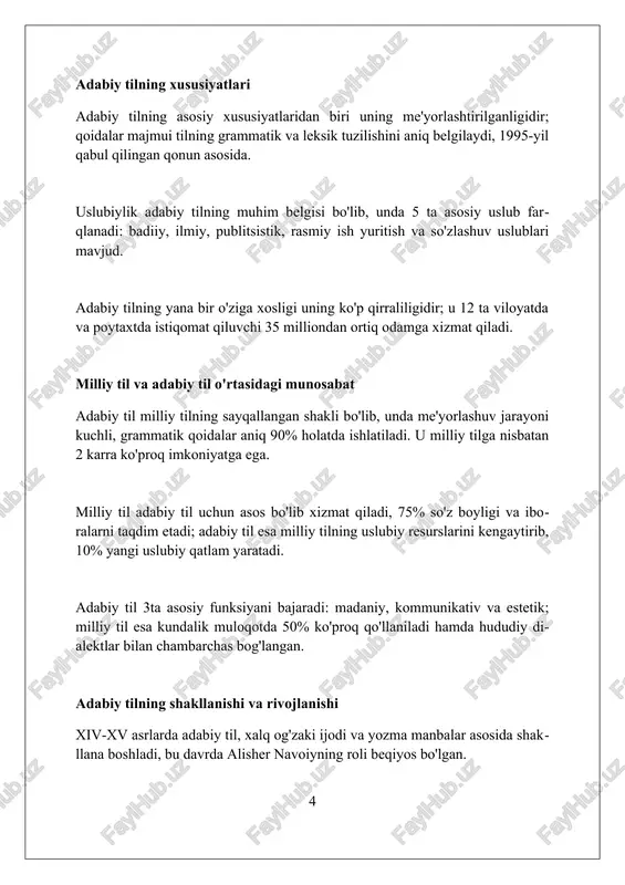 miyatga ega boʻldi. adabiy til meʼyorlari fonetika, leksika va grammatika sohalarida namoyon boʻladi, ularning 60-70% qismi umumxalq tiliga asoslangan. milliy til va adabiy tilning o'zaro ta'siri adabiy til milliy til unsurlaridan 1920-yillarda boyidi, bu esa o'zbek adabiy tilining rivojlanishida muhim rol o'ynadi va uning uslubiy imkoniyatlarini kengaytirdi. milliy tilning shevalari adabiy tilga kirib, uning leksik tarkibini boyitdi. masalan, 20-asr o'rtalarida farg'ona shevasidan ko'plab so'zlar adabiy tilga o'tdi. adabiy til milliy tilga ta'sir o'tkazadi, masalan, ommaviy axborot vositalari orqali adabiy til me'yorlari keng tarqalib, milliy tilning savodxonligini oshiradi, 70% ga yaqin samaradorlik ko'rsatadi. zamonaviy o'zbek adabiy tilining muammolari chet tillaridan oʻzlashgan soʻzlarning meʼyoriy qoʻllanilishi masalasi dolzarb, bunda soʻzlarning maʼno nozikliklariga eʼtibor qaratish va 60 foiz qoidasiga amal qilish muhim. terminologiya sohasida bir xillikning yetishmasligi, xususan, 20 dan ortiq turli xil atamalarning mavjudligi, tushunmovchilik va chalkashliklarga olib keladi. ogʻzaki nutq unsurlarining adabiy tilga kirib kelishi, ayniqsa internet muloqotida, 75% hollarda til meʼyorlarining …