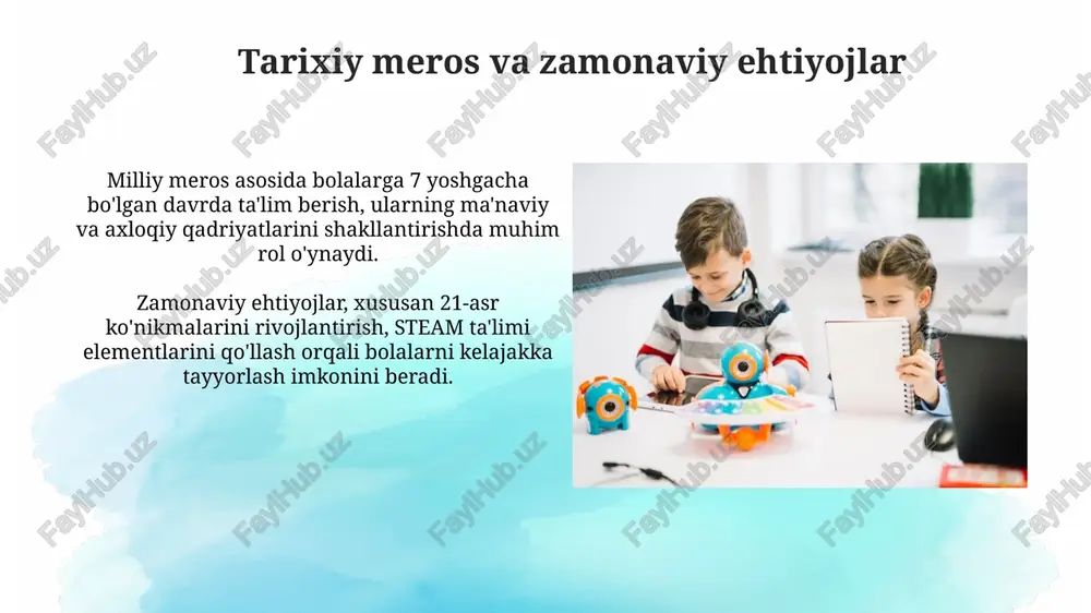 salarini moliyalashtirishga xususiy investitsiyalar jalb qilindi. natijalar va yutuqlar mustaqillik yillarida maktabgacha ta’lim qamrovi sezilarli darajada oshdi, 2023-yilga kelib bolalarning 70% dan ortig'i ta'lim bilan qamrab olindi, bu 1991-yildagi ko'rsatkichdan ancha yuqori. 2017-yildan boshlab maktabgacha ta’lim sohasida “ilk qadam” davlat dasturi joriy etildi, bu bolalarning har tomonlama rivojlanishini ta’minlashga qaratilgan yangi o’quv rejalari va metodikalarni o’z ichiga oladi. mavjud muammolar va ularni hal etish yo'llari kadrlar malakasini oshirishda nomutanosiblik mavjud, 3 yillik tajribaga ega pedagoglar zamonaviy metodikalar bo'yicha yetarli bilimga ega emas, bu esa ta'lim sifatiga ta'sir qiladi. pre-maktab ta'lim muassasalarida (pmtm) 6 yoshli bolalarning atigi 78 foizi qamrab olingan, bu ko'rsatkichni 100 foizga yetkazish uchun yangi pmtmlar qurish zarur. kelajak rejalar va istiqbollar 2030-yilgacha bo'lgan davrda maktabgacha ta'lim qamrovini 80% ga yetkazish, shu jumladan xususiy sektorning rolini oshirish orqali sifatli ta'lim imkoniyatlarini kengaytirish rejalashtirilgan. maktabgacha ta'lim muassasalarida stem yo'nalishidagi o'yinchoqlar va metodikalarni joriy etish, 3-5 yoshli bolalarda dastlabki texnik …