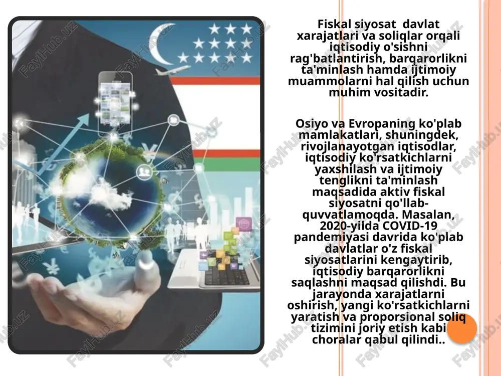 yatsiya bosimini kuchaytirishi mumkin, bu esa iqtisodiyotga salbiy ta'sir ko'rsatadi. to'g'ri va egri soliqlar, ularning ijtimoiy va iqtisodiy ta'siri nuqtai nazaridan har biri o'ziga xos o'rin olishga ega. to'g'ri soliqlar adolat va tenglikni ta'minlashga qaratilgan bo'lsa, egri soliqlar iqtisodiy faollikni rag'batlantirishda yuqori samaradorlik ko'rsatishi mumkin. har bir mamlakat o'z iqtisodiy va ijtimoiy sharoitlariga qarab ushbu soliqlarni muvozanatlash va to'g'ri soliq siyosatini ishlab chiqishi muhimdir. shunday qilib, adolatli, barqaror va raqobatbardosh iqtisodiy muhitni ta'minlash uchun to'g'ri va egri soliqlar orasidagi optimal muvozanatni topish zarur. foydalanilgan adabiyotlar 1. stiglitz, j. e., & weiss, a. (1981). "credit rationing in markets with imperfect information." the american economic review, 2. musgrave, r. a., & musgrave, p. b. (2004). "public finance in theory and practice." mcgraw-hill. 3. mirrlees, j. a. (1971). "an exploration in the theory of optimum income taxation." the journal of public economics, 1(2), 255-287. 4. oecd (2019). "tax policy studies: the role of …