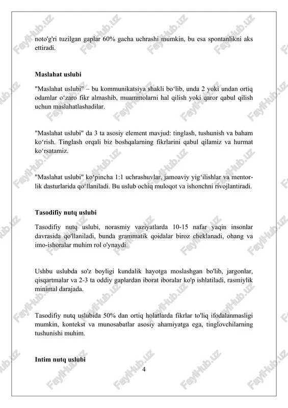 bo'lishi mumkin, tushunish darajasini pasaytiradi. norasmiy nutq uslubi yaqinlikni oshiradi, lekin grammatik xatolar va noaniqlik xavfini tug'diradi, ayniqsa professional muhitda qabul qilinishi past. konsultativ uslub o'zaro aloqani rag'batlantiradi, lekin tinglovchilar tajribasi etarli bo'lmaganda, tushunmovchiliklar 30% gacha ko'payishi mumkin. nutq uslublarini aniqlash va tahlil qilish nutq uslublarini aniqlashda matnning leksik tarkibi muhim, ya'ni so'zlarning ma'noviy xususiyatlari, masalan, 3-shaxs birlik fe'llari, stilistik xususiyatlarni belgilaydi. funksional uslublarni tahlil qilishda 5 asosiy element: vaziyat, maqsad, auditoriya, mavzu va kanal muhim. uslub o'zgarishi 15 foizgacha moslashuvni ko'rsatishi mumkin. tahlilning pragmatik aspekti nutq harakatlarini o'rganadi. masalan, direktiv, komissiv va ekspressiv aktlar munosabatlarni aks ettirib, matnning uslubiy mohiyatini 100% ochib beradi. xulosa xulosa, nutq uslublarida, muloqotning so'nggi bosqichidir va unda asosiy fikrlar 1-2 jumla bilan umumlashtiriladi, maqsad esa tinglovchilarning xotirasida saqlanib qolishdir. xulosada 3 ta asosiy element mavjud: asosiy tezisning takrorlanishi, dalillarning qisqacha takrorlanishi va tinglovchilarni harakatga undash, bu esa ularning tushunishini 100% ta'minlaydi. xulosa, odatda, nutqning …