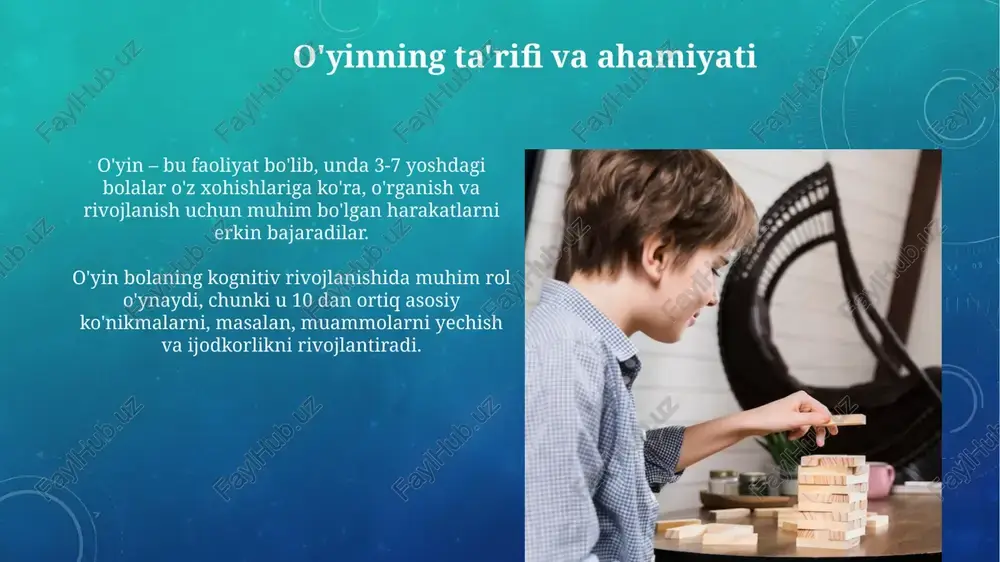 n narsalarga e'tibor bering. ijodiy o'yinlarni rag'batlantirish uchun bolalarga 2-3 ta ochiq-oydin materiallar bilan ta'minlang: karton qutilar, matolar yoki tabiiy resurslar ularni tasavvurga chorlaydi. xulosa xulosa bolaning o'yin faoliyati orqali olgan tajribalarini, 7 asosiy rivojlanish sohasini (jismoniy, kognitiv, ijtimoiy) birlashtirib, kelajakdagi muvaffaqiyatlar uchun poydevor yaratadi. xulosa shuni ko'rsatadiki, bolalar 3-5 yoshda o'yin orqali o'zlarining ijodiy qobiliyatlarini, muammolarni yechish mahoratini va 12 ta asosiy emotsiyani ifodalash usullarini o'rganadilar. e'tiboringiz uchun rahmat image4.png image3.png image5.jpg image6.jpg image7.jpg image8.jpg image9.jpg image10.jpg image11.jpg image12.jpg image13.jpg image14.jpg image15.jpg image16.jpg image17.jpg image18.jpg image19.jpg image20.jpg image21.jpg