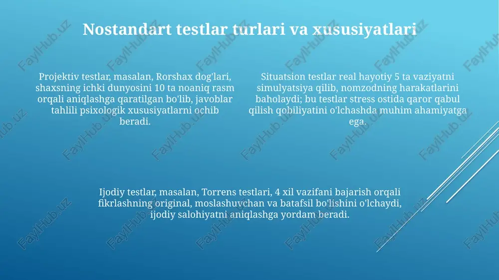 icha tavsiyalar nostandart test natijalarini baholash uchun aniq mezonlar ishlab chiqing; har bir javob uchun ball tizimi yaratish va ularni 80% gacha standartlashtirish lozim. nostandart testlarni loyihalashtirishda 7 ta kognitiv sohani, jumladan, tahlil va baholashni qamrab olish tavsiya etiladi, bu talabalarning chuqur o'rganish qobiliyatini aniqlaydi. har bir nostandart test elementi uchun 3-5 ta javob variantini taqdim eting; javoblar variantlarini tuzishda qiyinchilik darajasini hisobga olish juda muhimdir. nostandart testlarni tuzishda yo'l qo'yiladigan xatolar savollarning noaniqligi, ya'ni ikki yoki undan ortiq to'g'ri javoblar bo'lishi, baholashning ob'ektivligiga putur yetkazadi va talabalarni chalkashtirib yuboradi, natijada 0 ball olishlari mumkin. test topshiriqlarida o'quv dasturidan tashqari ma'lumotlardan foydalanish, masalan, qo'shimcha 20 foiz yangi tushunchalarni kiritish, adolatsizlikka olib keladi va natijalarning haqiqiyligini pasaytiradi. javoblarning tasodifiy joylashuvi, ya'ni a javob har doim 30 foiz hollarda to'g'ri bo'lsa, talabalarni javoblarni taxmin qilishga undaydi va testning o'lchov xususiyatlarini buzadi. e'tiboringiz uchun rahmat image1.png