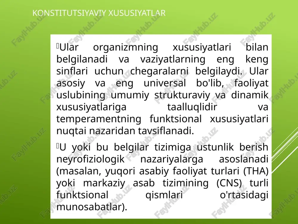 parametrlari hisoblanadi tarozilar - 3: ekstroversiya - introversiya; nevrotizm - hissiy barqarorlik; yolg'on qayta ishlash tartibi : 1) tashxis qo'yilgandan so'ng darhol xom ballni olish 2) xom ballni statistik standart bilan solishtirish savollar (topshiriqlar) soni – 57. test anketasi kettell (16 pf) mavjud shakllar (o'zgartirishlar ) - a, b (shaxsni batafsilroq o'rganish uchun, yuqori darajadagi ma'lumot va madaniyatga ega bo'lgan shaxslar uchun mo'ljallangan) va c nazariy asos - shaxsning ko'p omilli nazariyalari diagnostika predmeti shaxsiy xususiyatlardir tarozilar - 16: affektotimiya - sizotimiya; aql; kuch - "men" ning zaifligi; ustunlik - muvofiqlik; surgence - desurgence; kuch - "superego" ning zaifligi; parmiya - trektiya; pre-msia - harria; protensiya - alaksiya; autiya - prakseriya; sun'iylik - san'atsizlik; gipotimiya - gipertimiya; radikalizm - konservatizm; o'z-o'zini ta'minlash - xushmuomalalik; istaklarni nazorat qilish - impulsivlik; umidsizlik - umidsizlikka tushmaslik qayta ishlash tartibi : 1) xom ballarni olish 2) xom ballarni devorlarga aylantirish 3) mavjud standartlar bilan …