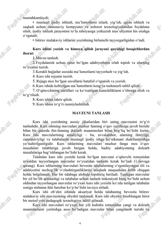 ular ro‘yxati kurs ishi yozishi ko‘zda tutilgan talabalar soniga nisbatan ikki barobar ko‘p bo‘lishi tavsiya etiladi. kurs ishi ob’ekti sifatida aksariyat holda talabaning bevosita bitiruv malakaviy ishi mavzusining obyekti tanlanadi. kurs ishi obyekti hisoblangan biror bir metod yoki pedagogik texnologiya tahlil qilinadi. kurs ishi mavzulari ro‘yxati har yili kafedra tomonidan yangi va dolzarb muammolarni yoritishga asos bo‘ladigan mavzular bilan yangilanib turishi va talabalarga tanishish uchun berilishi kerak. talaba mavzu tanlashda o‘qituvchilar bilan maslahatlashib o‘zi uchun qiziqarli bo‘lgan o‘rganilayotgan ingliz tilini o’qitish metodikasi faniga oid o’qitishning dolzarb muammolarni ochib beradigan mavzuni tanlash huquqiga ega. bundan tashqari, talaba ro‘yxatda bo‘lmagan metodikaga oid muammolarni ochishda muhim va qiziqarli bo‘lgan mavzularni taklif qilishi ham mumkin. mavzu tanlangandan so‘ng, albatta, ilmiy rahbar bilan maslahatlashib keyin ish boshlanadi. har bir talaba bitta mavzu tanlash huquqiga ega. kurs ishini bir necha talabaning bitta mavzudan yozishlariga ruxsat etilmaydi. bundan istisno holda, ilmiy rahbarning ruxsati bilan bir mavzuning turli …
