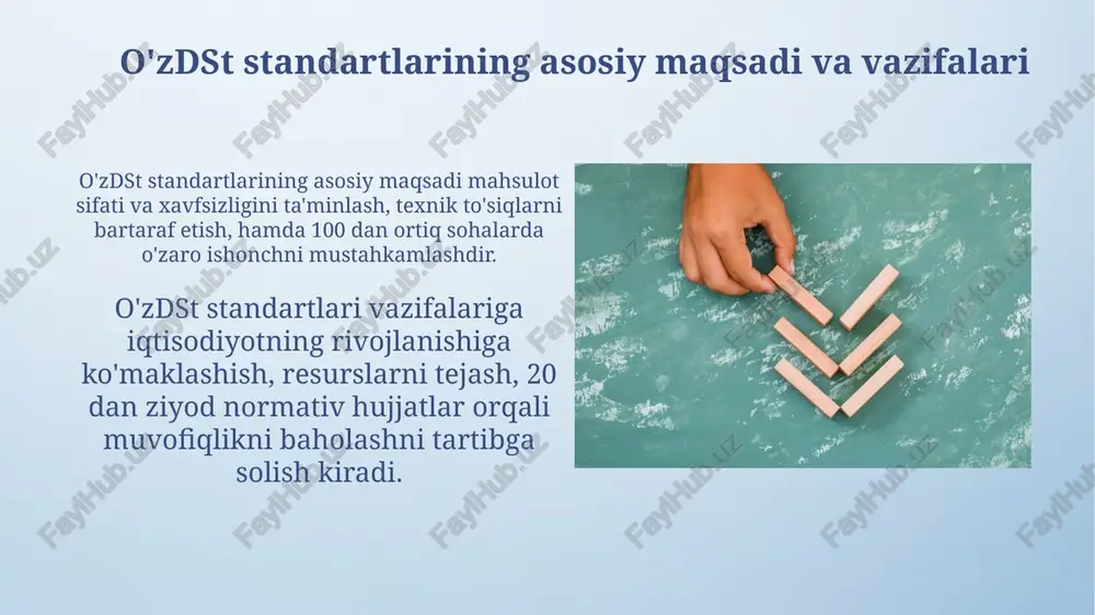 a mutaxassislarni tayyorlashda o'zbekiston texnika universitetlari muhim rol o'ynaydi, bakalavriat va magistratura bosqichlarida mutaxassislar yetishtirib chiqaradi. uzdst standartlarini o'qitishda amaliy mashg'ulotlarga katta e'tibor qaratiladi, bunda talabalar real loyihalar ustida ishlash va standartlarni qo'llash tajribasiga ega bo'ladilar. o'zdst standartlarining iste'molchilar huquqlarini himoya qilishdagi ahamiyati o'zdst standartlari mahsulot sifatini kafolatlab, iste'molchilarning 14-sonli qonun bilan belgilangan sifatli mahsulot olish huquqini himoya qiladi. o'zdst standartlari orqali iste'molchilar mahsulotning tarkibi, xususiyatlari va foydalanish qoidalari haqida aniq ma'lumot olib, 6-sonli qonun bo'yicha to'g'ri tanlov qilishadi. xulosa va tavsiyalar "xulosa va tavsiyalar" bo'limida 10% gacha xatolik ehtimolini kamaytirish uchun, tadqiqot natijalarini aniq va qisqa shaklda, masalan, swot tahlili orqali taqdim eting. amaliy ahamiyatni oshirish maqsadida, 3-5 ta aniq va o'lchanadigan tavsiyalarni ishlab chiqish lozim, ularning har biri 2 yil ichida erishilishi mumkin bo'lgan natijalarga yo'naltirilgan bo'lishi kerak. e'tiboringiz uchun rahmat image4.png image5.jpg image6.jpg image7.jpg image8.jpg image9.jpg image10.jpg image11.jpg image12.jpg image13.jpg image14.jpg image15.jpg image16.jpg image17.jpg image18.jpg image19.jpg image20.jpg …