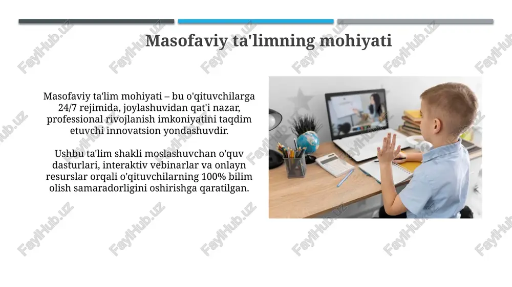 7 rejimga o'tkazish orqali qiyinchiliklarni bartaraf etish mumkin. o'quv materiallari va texnologiyalarni 30% ga yaxshilash, interaktiv simulatsiyalarni qo'shish va onlayn resurslarni moslashtirish orqali o'qituvchilarning malakasini oshirishni jadallashtirish kerak. tavsiyalar va xulosalar o'qituvchilarning 75% i masofaviy ta'lim orqali pedagogik mahoratini oshirishda uslubiy yordamga muhtoj. ularga qo'shimcha onlayn-treninglar kerak. masofaviy kurslardan so'ng o'qituvchilarning 60% i dars jarayonida 21-asr ko'nikmalarini (tanqidiy fikrlash, hamkorlik) faol qo'llashga tayyor bo'lishlari kerak. kelajak istiqbollari "kelajak istiqbollari" loyihasi o'qituvchilarning malakasini oshirish uchun masofaviy ta'limning ahamiyatini 2024-2030 yillarda 25% ga oshirishni maqsad qilgan. ushbu loyiha 500 dan ortiq o'qituvchilar uchun mo'ljallangan onlayn trening modullarini ishlab chiqishni ko'zda tutadi, bunda 3 ta asosiy yo'nalish bo'yicha o'qitiladi. e'tiboringiz uchun rahmat image1.png image2.jpg image3.jpg image4.jpg image5.jpg image6.jpg image7.jpg image8.jpg image9.jpg image10.jpg image11.jpg image12.jpg image13.jpg image14.jpg image15.jpg image16.jpg image17.jpg image18.jpg