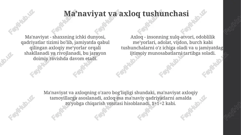 ibonlik aksiyalarini tashkil etish, masalan, “sahovat karvoni” loyihasi, talabalarning 25% ixtiyoriy faoliyat bilan shug'ullanishiga turtki beradi. talabalarda halollik va adolat tuyg'usini shakllantirish talabalarda halollikni shakllantirishda erta bolalik xotiralarining ta'siri 75% gacha bo'lishi mumkin, bu shaxsiy xarakter rivojlanishida muhim omil hisoblanadi. adolat tuyg'usini o'stirish uchun 'ijtimoiy adolat' tushunchasini o'qitish, tenglik va qonun ustuvorligini ta'minlashning 6 asosiy tamoyilini tushuntirish zarur. universitetda halollik kodeksi joriy etish, akademik qoidabuzarliklarga qarshi kurashishning 5 bosqichli tizimini yaratish talabalarning axloqiy rivojlanishiga yordam beradi. ma'naviy-axloqiy tarbiyada uchraydigan muammolar ba'zi o'quvchilar oilasida ma'naviy qadriyatlarga yetarlicha e'tibor berilmaydi, bu esa ularning axloqiy rivojlanishiga salbiy ta'sir ko'rsatadi. natijada, ularda 3 ta asosiy muammo kuzatiladi. globallashuv sharoitida ommaviy madaniyatning salbiy ta'siri 50% ga ortgan, bu yoshlarning axloqiy me'yorlariga zid bo'lgan xatti-harakatlariga sabab bo'ladi. ijtimoiy tarmoqlarda 85% noto'g'ri ma'lumotlar tarqalishi sababli, o'quvchilarning axloqiy tushunchalari buzilib, tolerantlik darajasi pasayib ketmoqda. xulosa va tavsiyalar o'quvchilarning ma'naviy axloqiy tarbiyasini yaxshilash uchun 5 ta asosiy yo'nalish bo'yicha …
