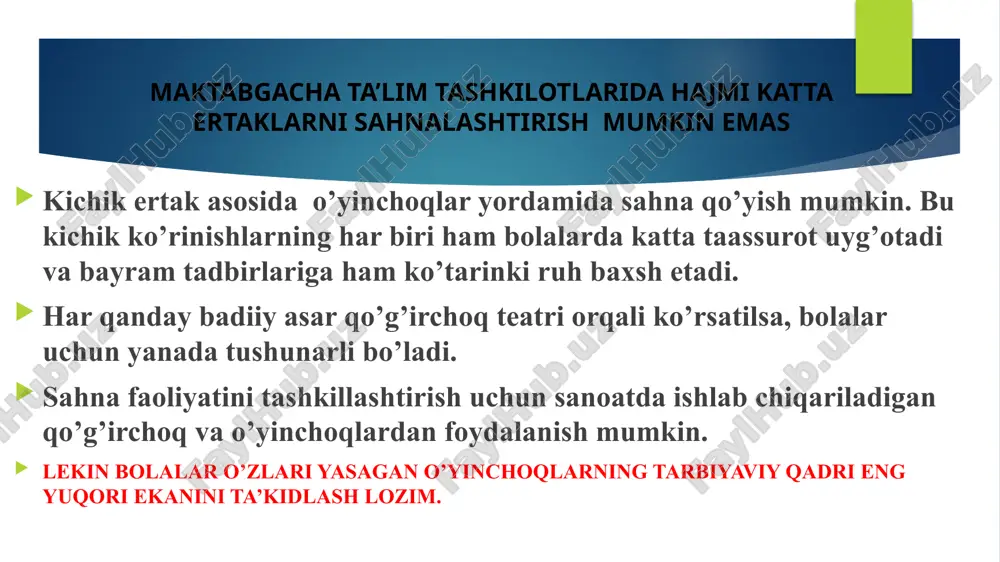 umaloq, jajji oy, chaqib yesang gij-gij moy. ( yongoq) ozi bir qarich, soqoli bir qarich.( igna-ip) qoli yo’q, oyogi yo’q uy poylar. ( qulf) topishmoqlar o’ziga xos mazmun va ifoda shakli bilan bolalarning fikrlash qobiliyatini rivojlantirib, ularni topqirlikka, ziyraklikka va kuzatuvchanlikka o’rgatadi tez aytishlar tez aytish halq ogzaki ijodining o’ziga hos janri. halq ogzaki ijodida qofiya va muayan tovushlar takrori asosiga qurilgan sheriy shakldagi janr tez aytish deyiladi e`tiboringiz uchun rahmat! image2.jpg image3.jpg image4.jpg image5.jpg image6.jpg image7.jpg image1.jpeg image8.jpg /docprops/thumbnail.jpeg
