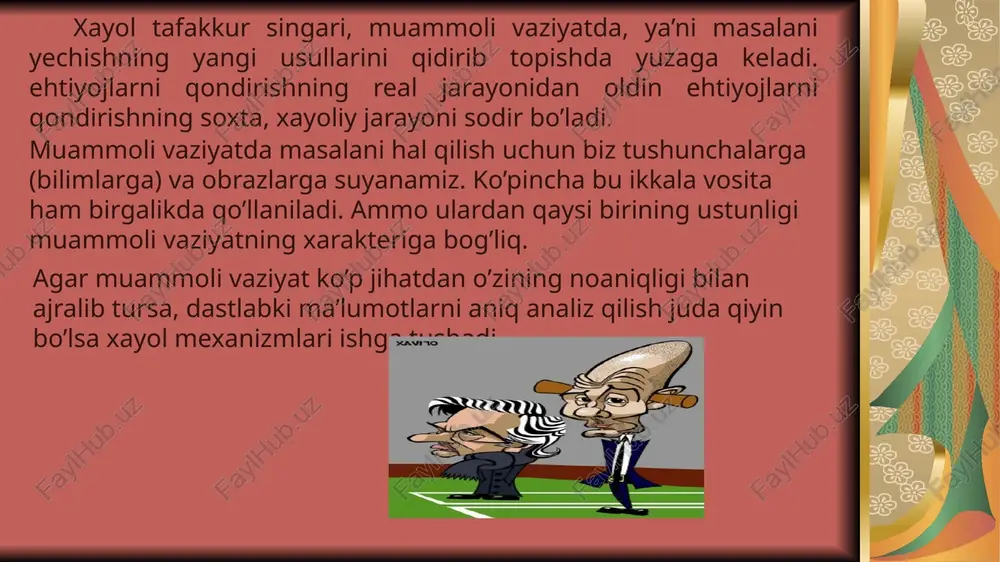 an narsa va hodisalar to`g`risida tasavvur va obrazlar yaratishdan iborat bo`lgan xayol turiga aytiladi. xayolning xususiyatlari shaxsning ma’naviy qiyofasi to`g`risida hukm chiqarish uchun ham ma’lum darajada imkon beradi. faktlar hodisalar va boshqalarni ko`rsatishga buyurtirib yuborish yoki kamaytirishga moyillik ko`pincha xayol ustidan nazoratning yo`qligi tufayli ro`y beradi. bu sifat ayrim bolalarda mavjud bo`lib ular yolg`on gapirganlarida ba’zan haqiqiy narsa bilan xayoldagi narsani aralashtirib yuboradilar. lekin to`g`ri qo`yilgan tarbiya tufayli bu kamchilik yo`qoladi. badiiy adabiyotni o`qish – xayolni rivojlantirishni eng yaxshi maktabidir, u xayolni tarbiyalashning kuchli vositasi ham. xayol buyuk qadriyatdir. ushbu xususiyatni yosh avlodda rivojlantirish – pedagogik amaliyotning muhim vazifasidir. xulosa: insonlar borliqni anglab, unda yuz berayotgan narsalarni qabul qilib, qolibgina qolmay o`ni o`zgartirishga ham harakat qiladi. borliqni amaliyotda o`zgartira olishni bilish bilan birga xayolni ham o`zgartira bilish lozim. xayol ong faoliyati bo`lib, mavjud tasavvurlar orqali yangi, hayotda mavjud bo`lmagan obrazlar , ob’ektlarni yaratishdir. xayolning funktsiyasi – o`tgan tajriba natijalarini qayta …