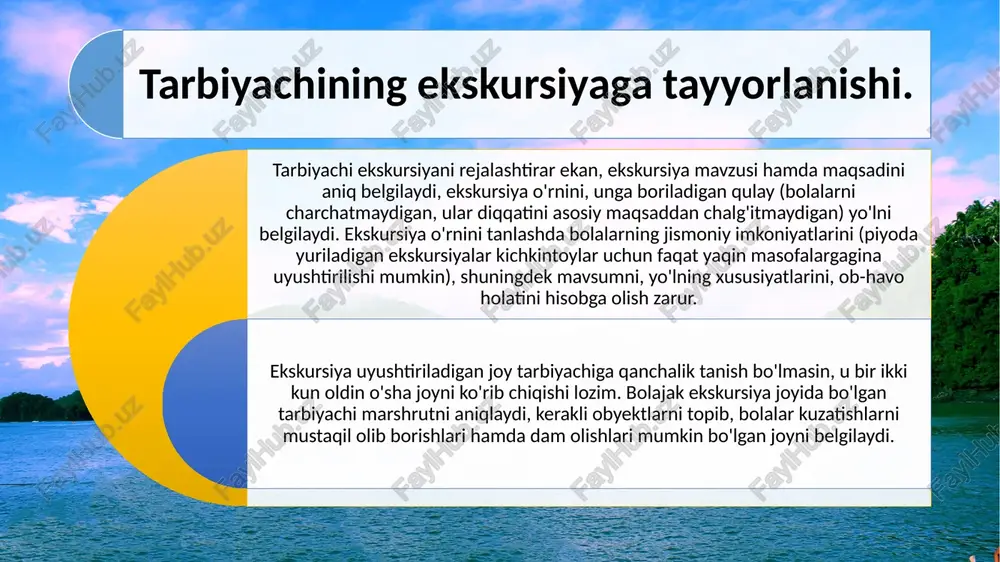 a shundaki, unda bolalar o‘simlik va hayvonlarni ular yashaydigan muhitda ko‘rish hamda tabiatda mavjud bo‘lgan o‘zaro aloqalar haqida dastlabki dunyoqarash, tasavvurlarini, olamni materialistik tushunishni shakllantirish imkoniyatiga ega bo‘ladilar. tarbiyachi rahbarligida o‘rmon, dala, daryo va ko‘l qirg‘oqlariga uyushtirilgan ekskursiya bolalarning diqqatini jalb qiladi, tabiat burchagida olib boriladigan keyingi kuzatishlarga xilma-xil material to‘plashga sharoit yaratadi. ekskursiyalarda bolalarda kuzatuvchanlik, tabiatni o‘rganishga qiziqish o‘sadi. ular narsalarni sinchiklab kuzatish va uning xarakterli xususiyatlarini qayd qilishga odatlanadilar. tabiatshunoslik ekskursiyasi. tabiatshunoslik ekskursiyasi kirish suhbati, kollektiv bo‘lib kuzatish, bolalarning individual mustaqil kuzatishlari, tabiatga oid materiallarni to‘plash, bolalarning dam olish vaqtida to‘plagan materiallar bilan o‘ynashi va yakuniy qismlarni o‘z ichiga oladi. bolalarni ekskursiya o‘tkaziladigan joyga olib kelgandan so‘ng tarbiyachi qisqa suhbatda ekskursiyaning maqsadi va vazifalarini eslatadi. shundan so‘ng ular tabiatdagi narsa va hodisalarni kuzatishga o‘tadilar.ekskursiyaning asosiy qismi - jamoaviy kuzatishlar.bunda mashg‘ulotning asosiy qismi hal qilinadi. tarbiyachi bolalarga narsa va hodisalarning xarakterli xususiyatlarini anglab olishlariga yordam beradi. bunga turli usullar …